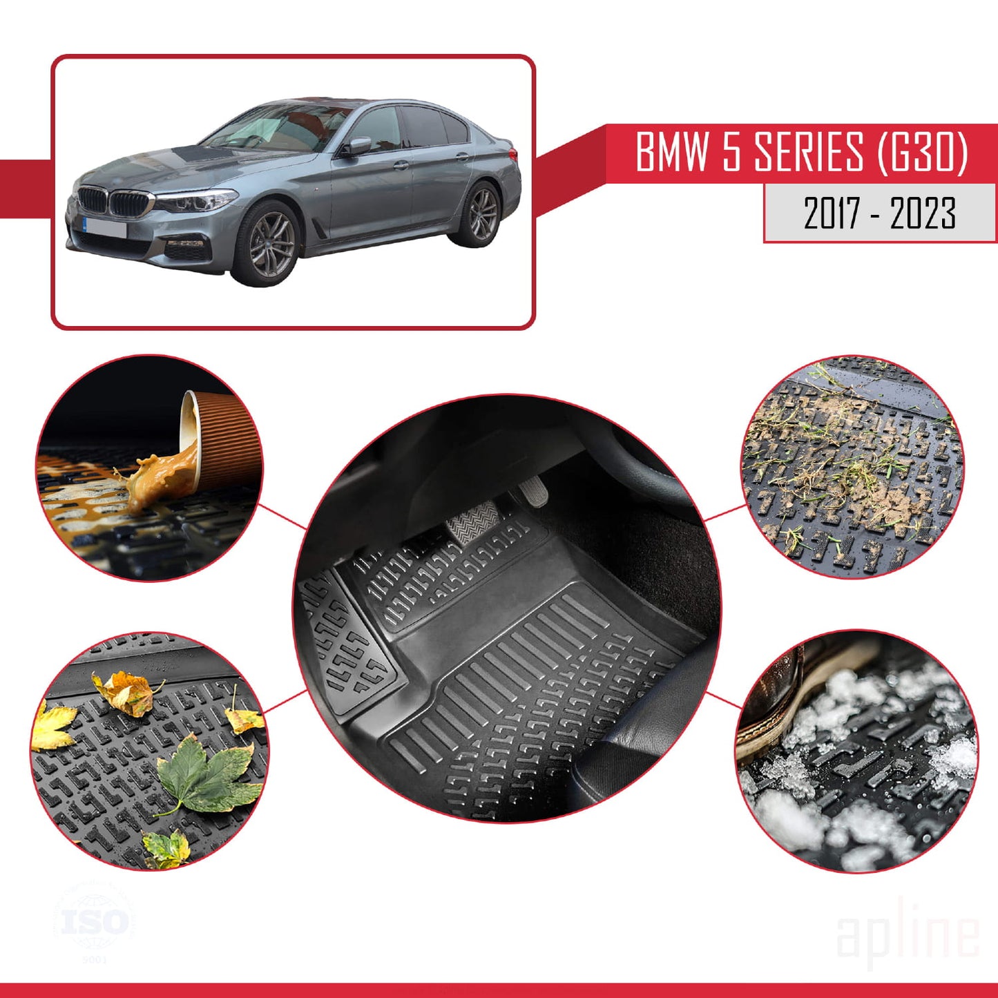 Compatible avec BMW Série 5 (G30) 2017-2023 4D Tapis de Voiture Noir