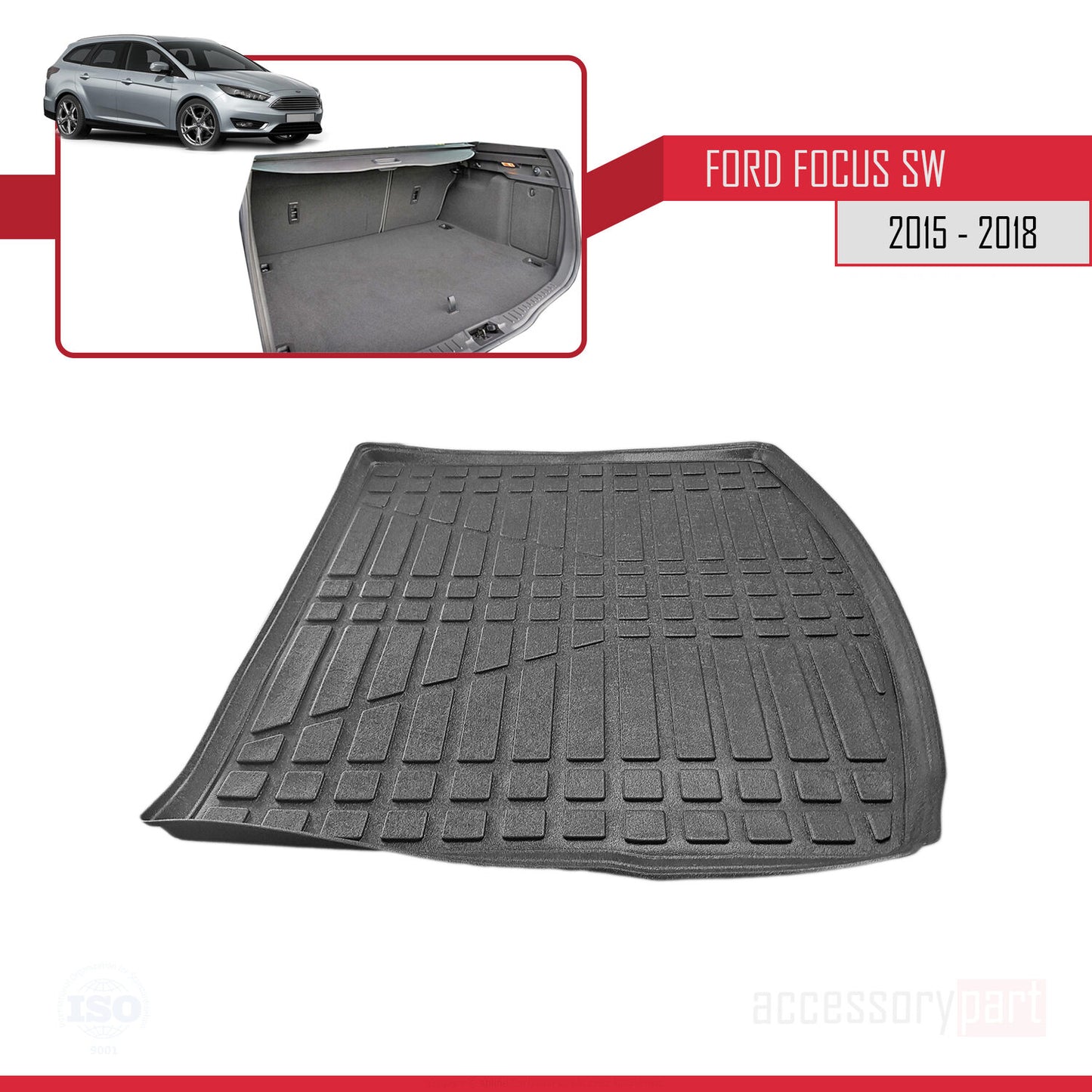Compatible avec Ford Focus 3 (C346) Break Post-Facelift 2015-2018 Flexible Tapis de Coffre Plancher de Chargement Noir