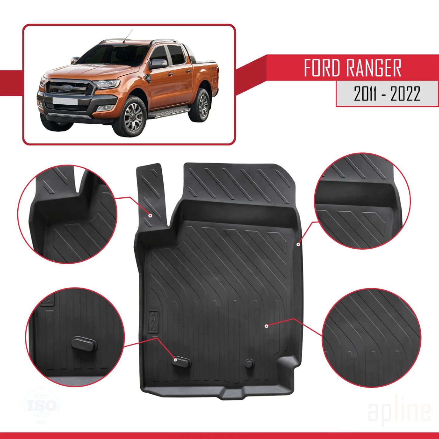 Compatible avec Ford Ranger (P375) 2011-2022 4D Tapis de Voiture Noir