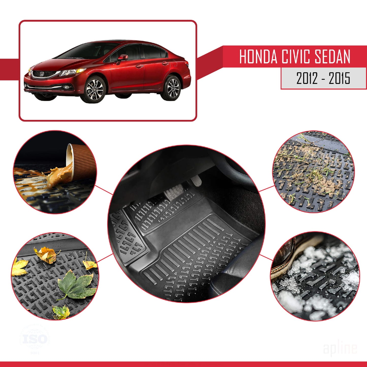 Compatible avec Honda Civic 9 (FB) Berline 2012-2015 4D Tapis de Voiture Noir
