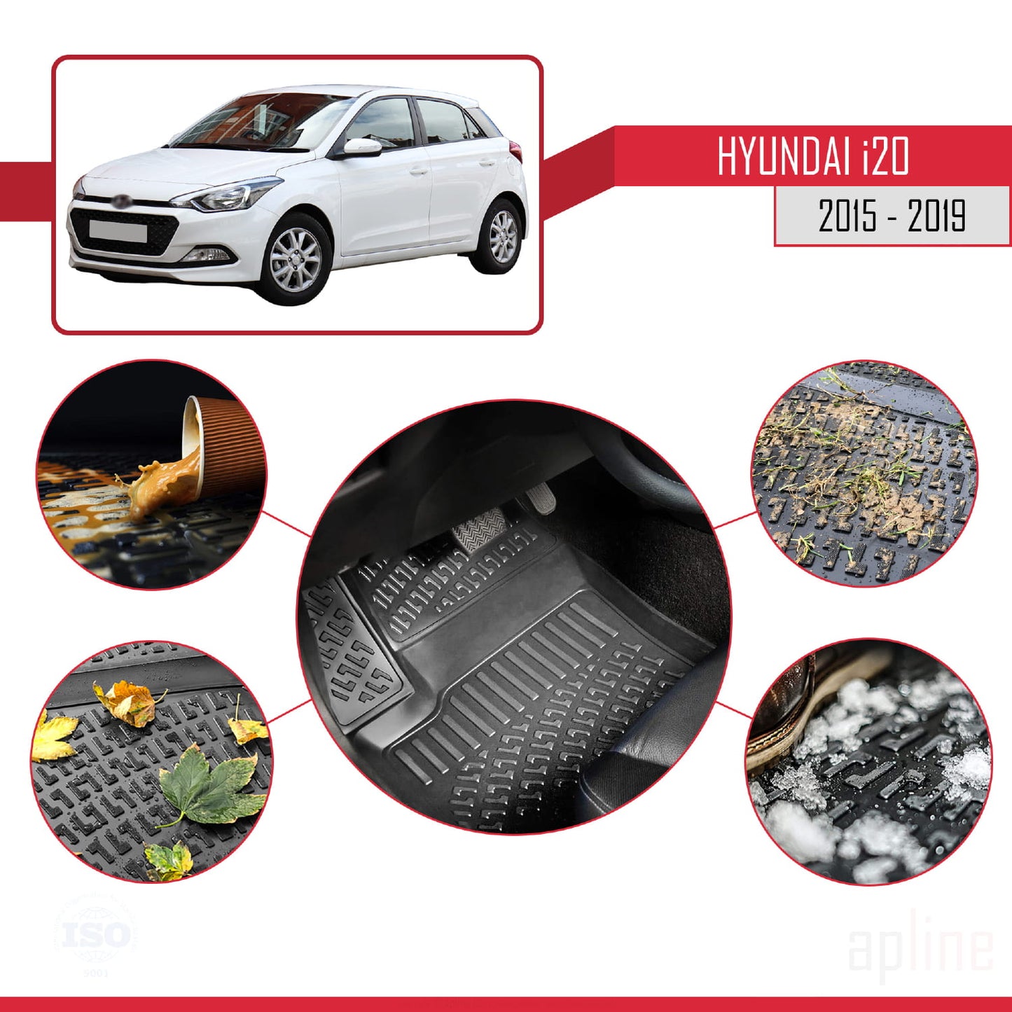 Compatible avec Hyundai i20 II (GB) 2015-2019 4D Tapis de Voiture Noir