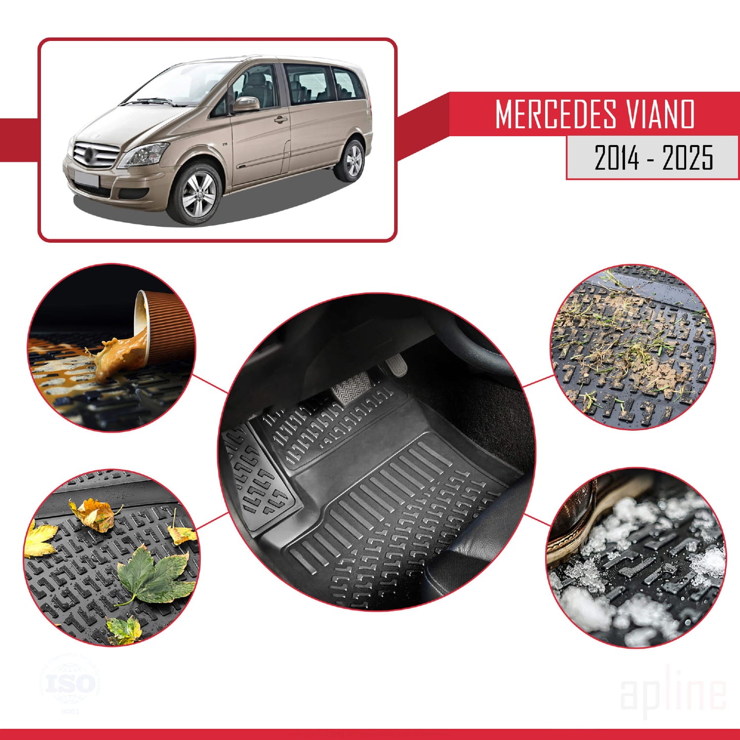 Compatible avec Mercedes Viano 3 (W447) 2014-2025 4D Tapis de Voiture Noir