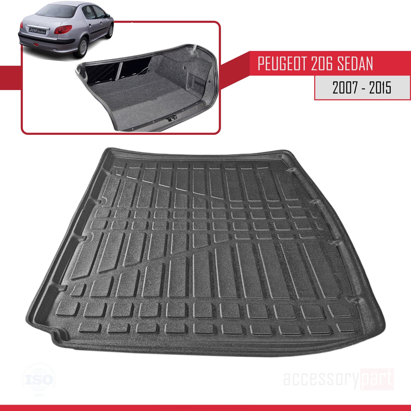 Compatible with Peugeot 206 (T13) Sedan 2007-2015 Flexible Trunk Mats Cargo Liner Black