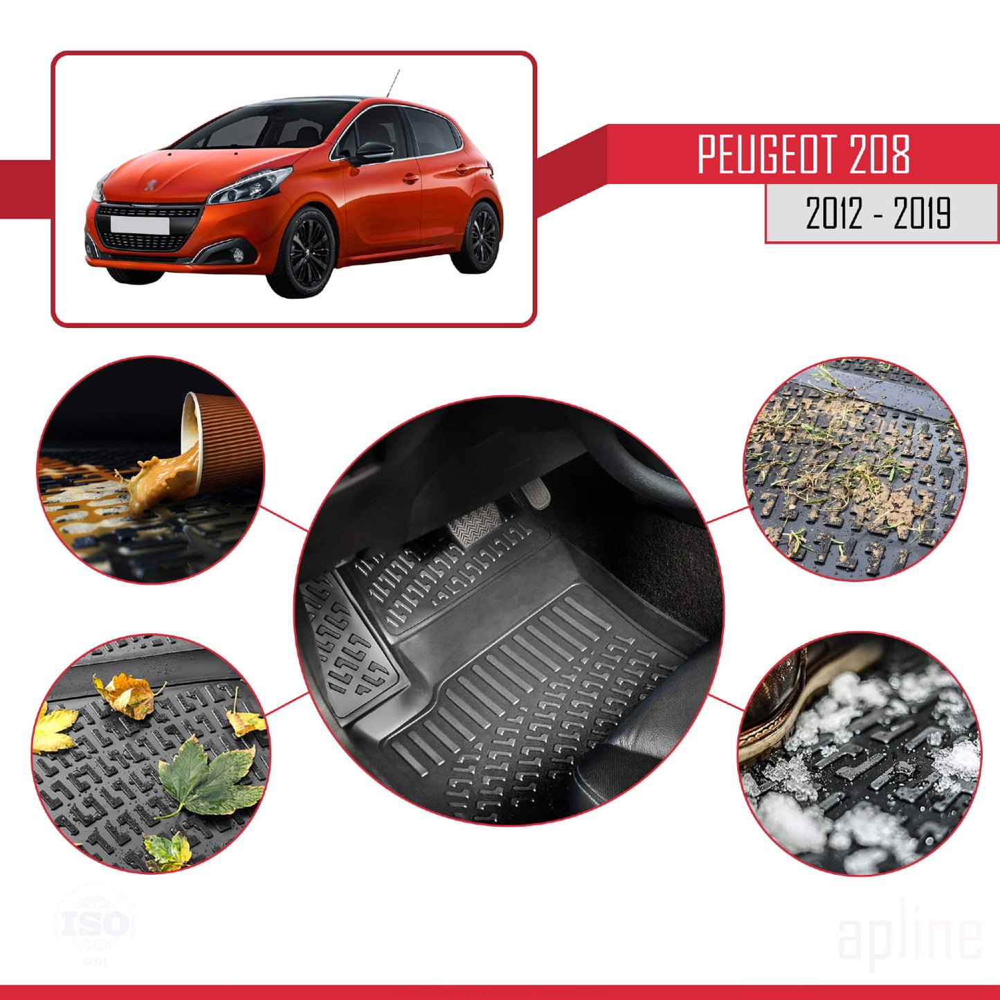 Compatible avec Peugeot 208 (A9) 2012-2019 4D Tapis de Voiture Noir