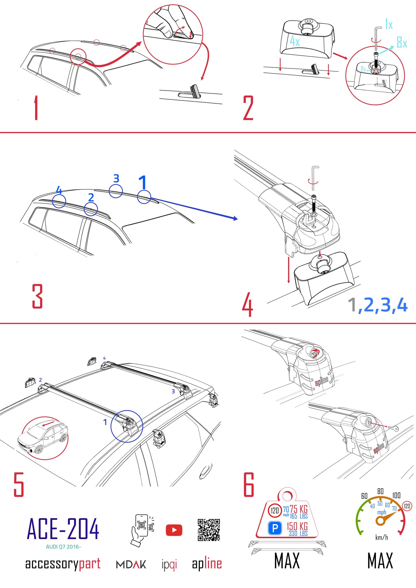 Compatible with Q7 (4M) 2016-2025 ACE-2 Car Roof Rack Cross Bar Grey Aluminium 2 Bars