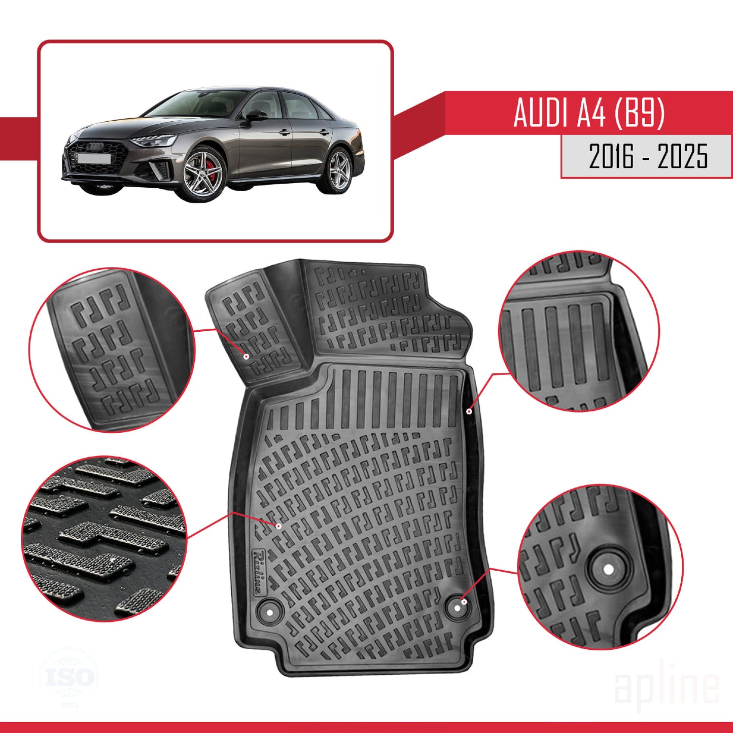 Compatible avec A4 (B9) 2016-2025 4D Tapis de Voiture Noir