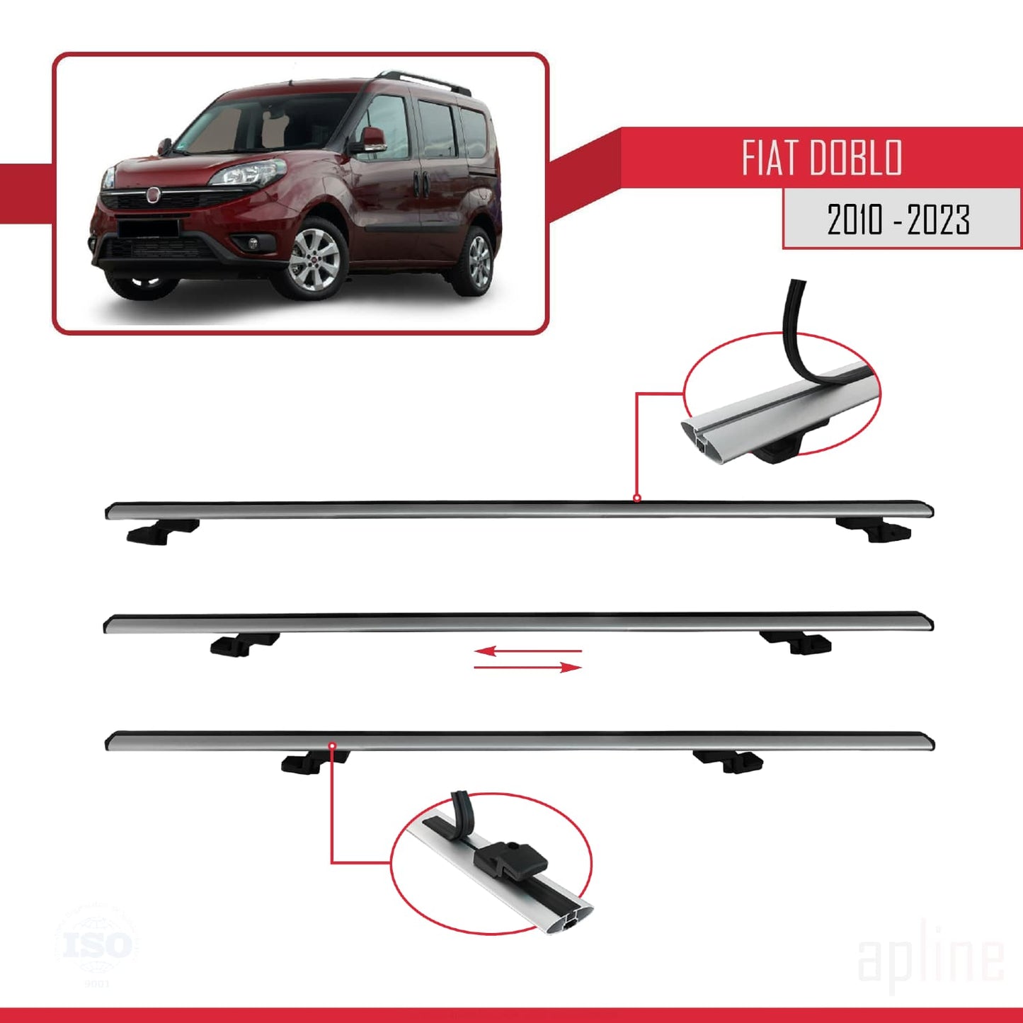 Compatible avec Fiat Doblo 2 2010-2022 BASIC Model Barres de Toit Railing Porte-Bagages de Voiture Gris Aluminium 4 Barres