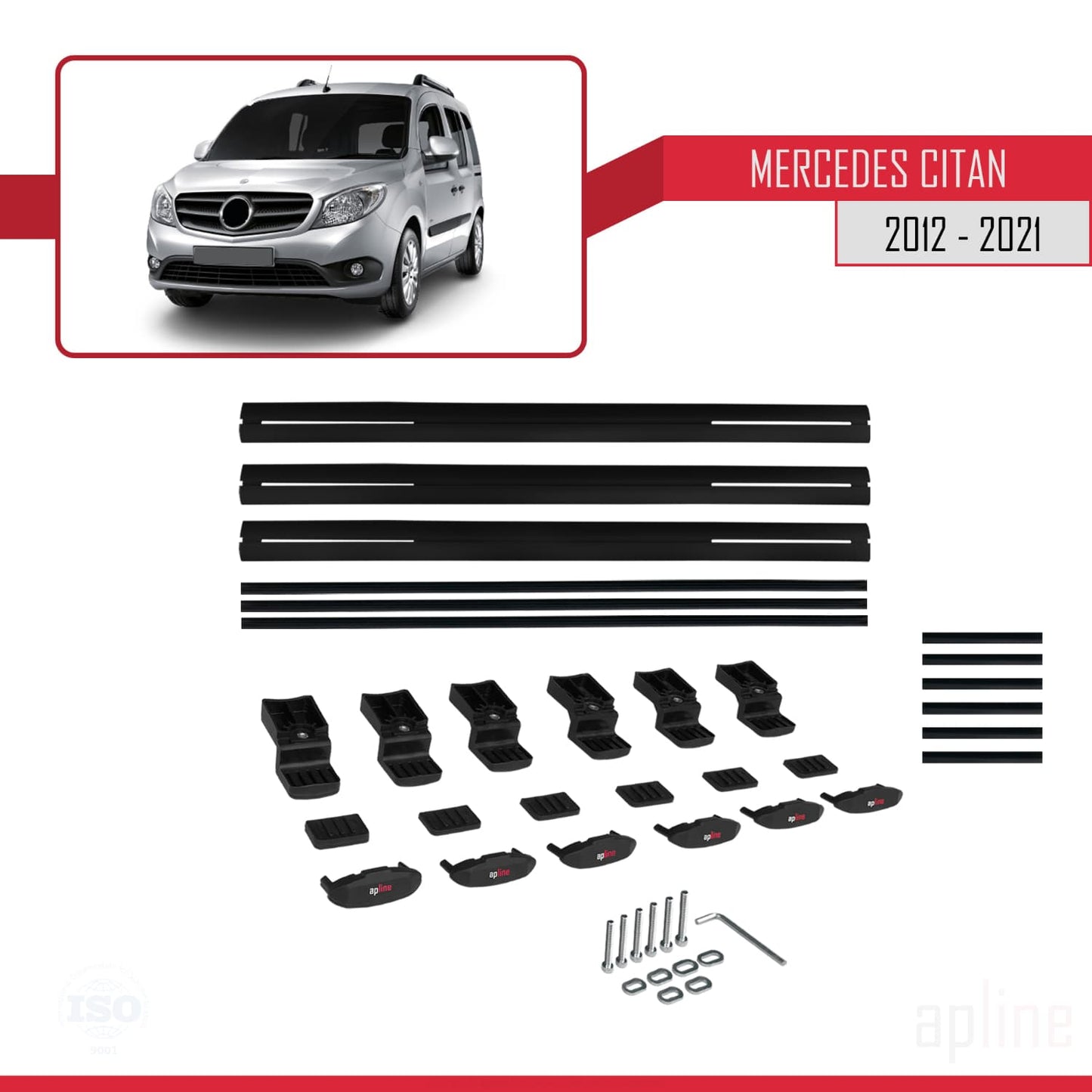 Compatible avec Mercedes Citan (W415) 2012-2021 BASIC Model Barres de Toit Railing Porte-Bagages de Voiture Noir Aluminium 3 Barres