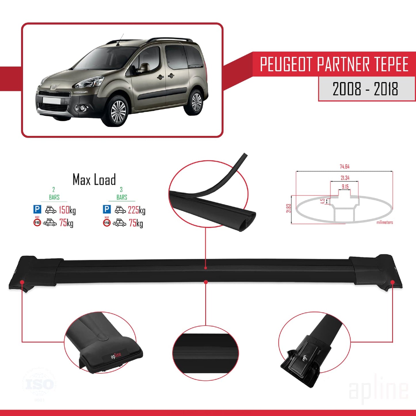 Compatible with Peugeot Partner 2 Tepee 2008-2018 FLY Model Car Roof Rack Cross Bar Black Aluminium 2 Bars