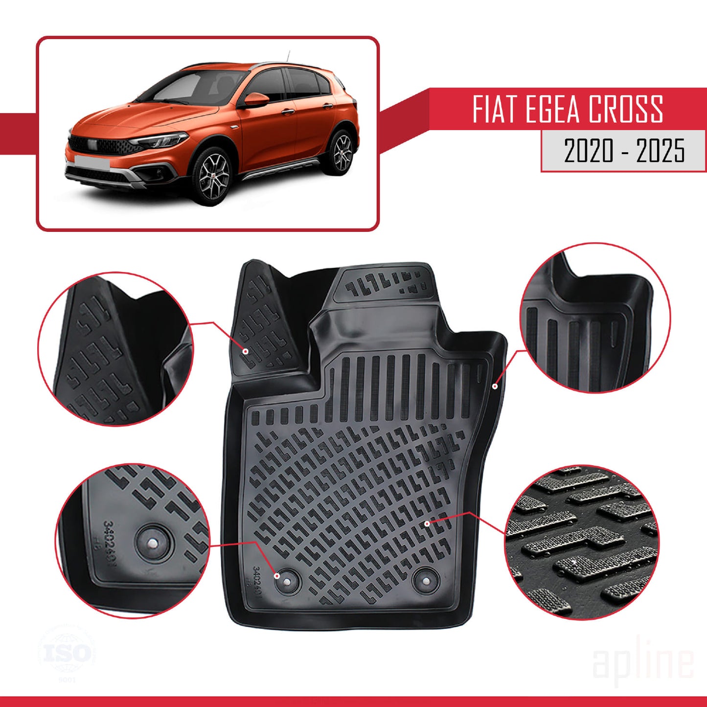 Compatible avec Fiat Egea Cross 2020-2024 4D Tapis de Voiture Noir