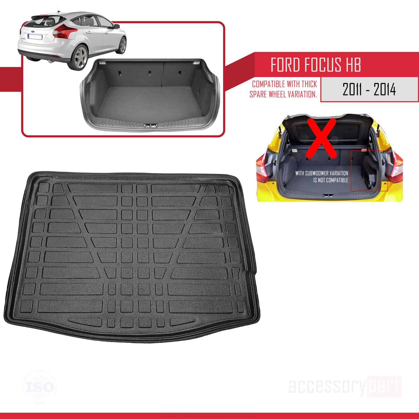 Trunk Mats for Ford Focus 3 HB 2011-2014 Flexible Cargo Liner BLACK