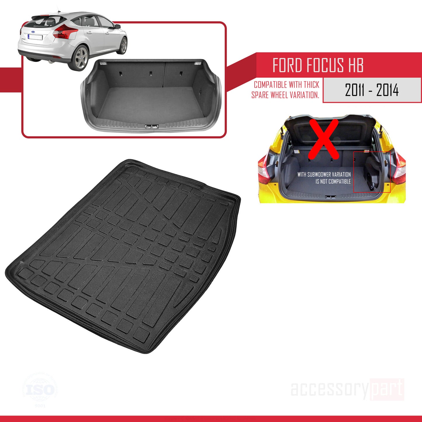 Trunk Mats for Ford Focus 3 HB 2011-2014 Flexible Cargo Liner BLACK