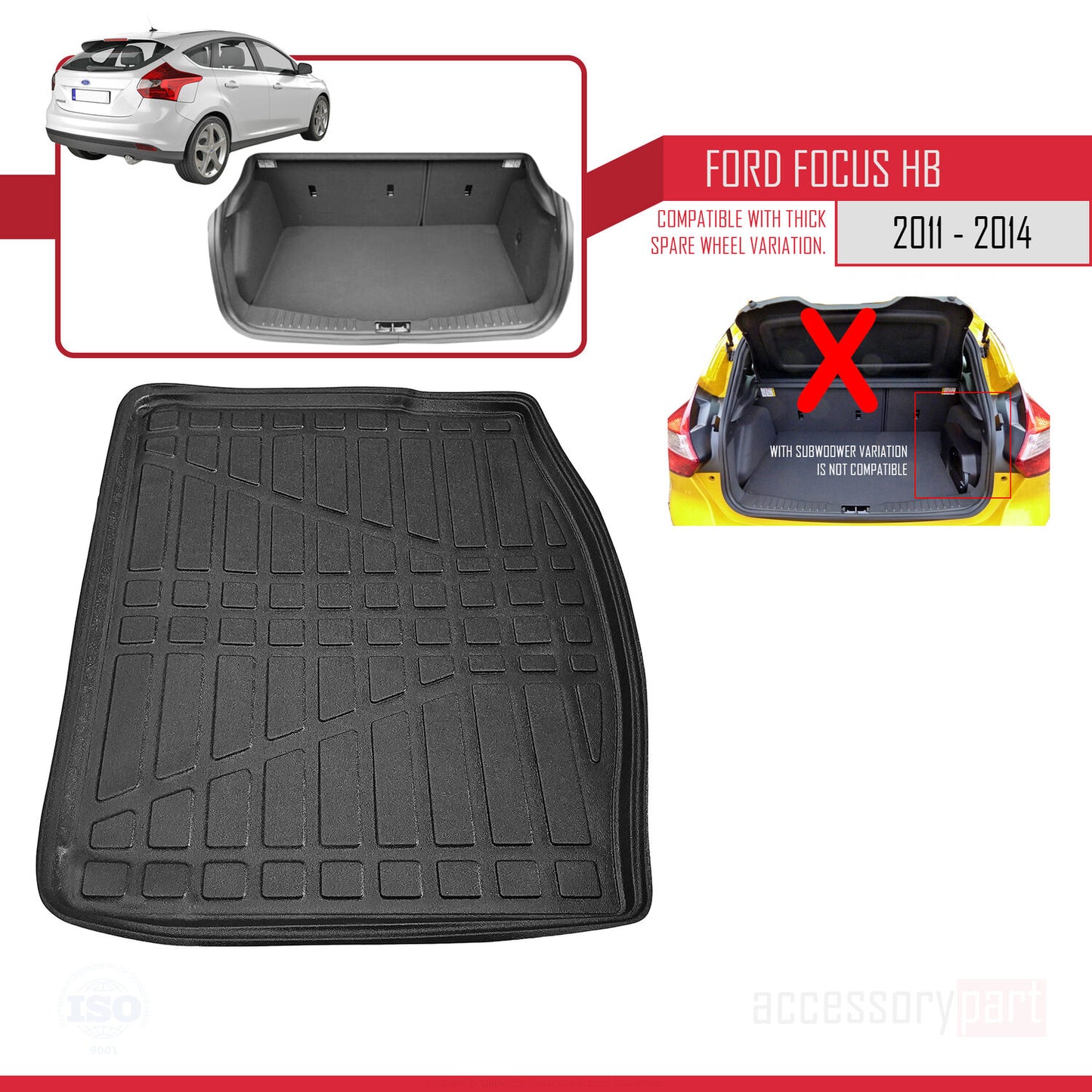 Trunk Mats for Ford Focus 3 HB 2011-2014 Flexible Cargo Liner BLACK