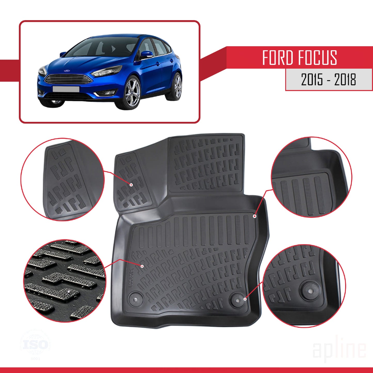 Compatible avec Ford Focus 3 (C346) Post-Facelift 2015-2018 4D Tapis de Voiture Noir