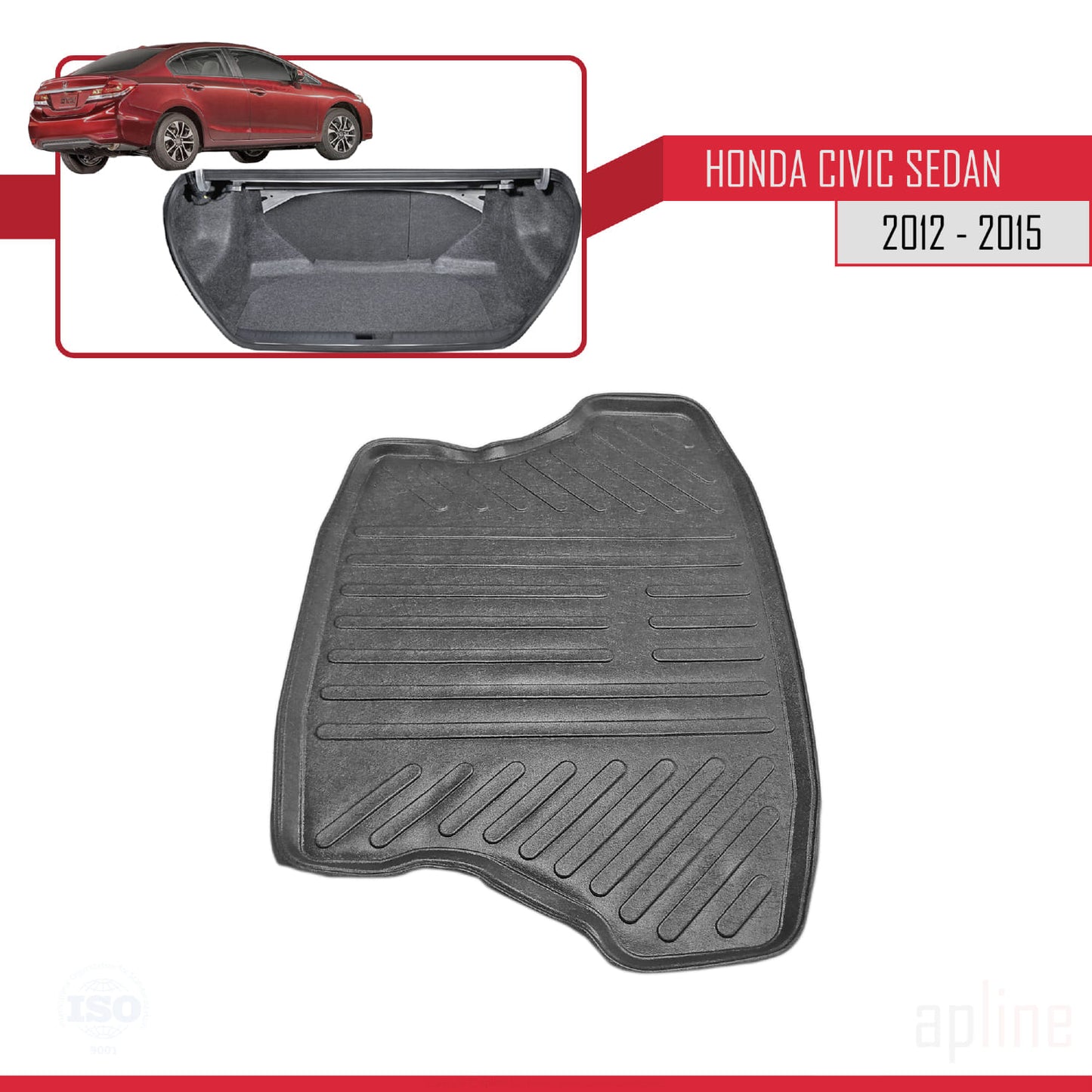 Compatible with Honda Civic 9 (FB) Sedan 2012-2015 Flexible Trunk Mats Cargo Liner Black