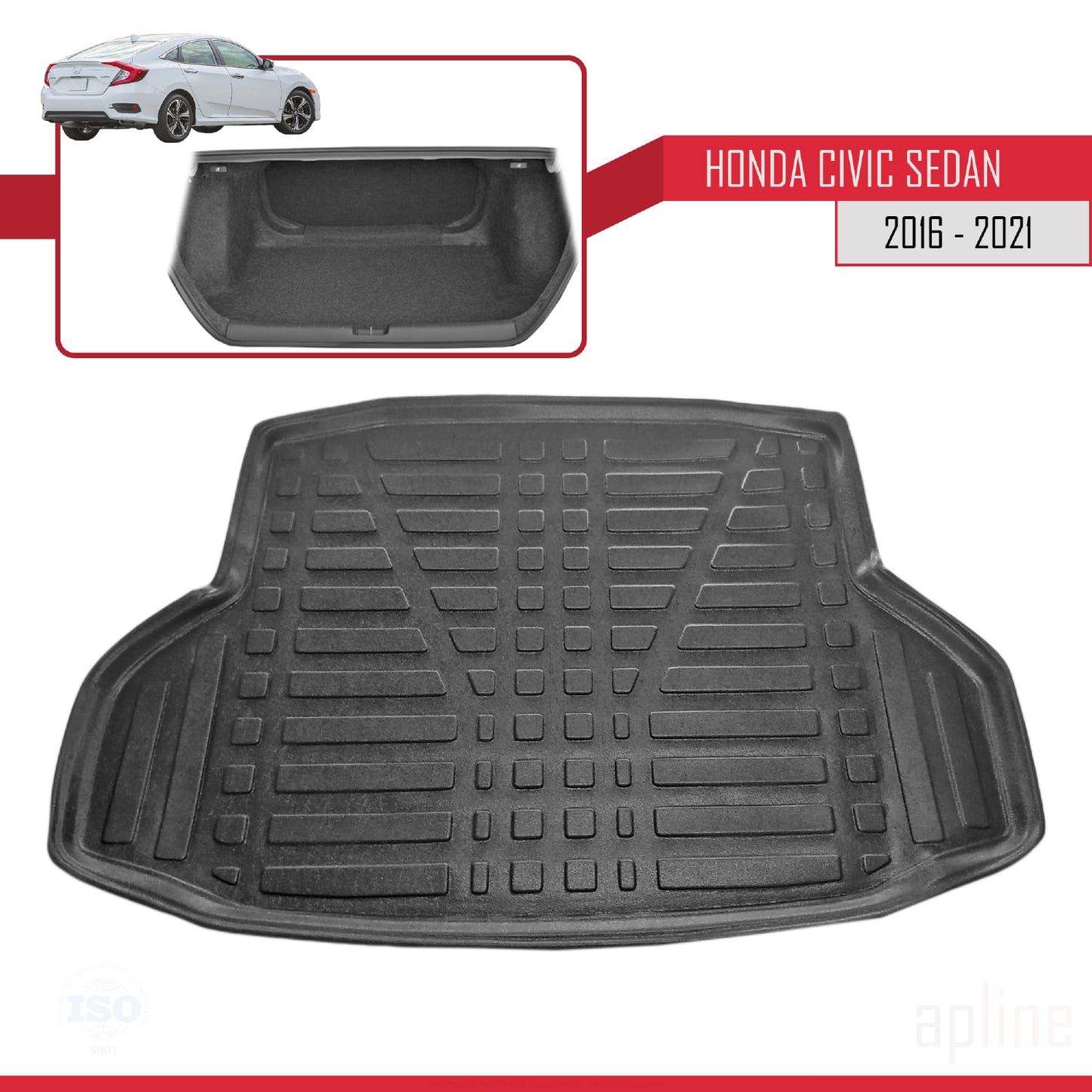 Compatible with Honda Civic 10 (FC) Sedan 2016-2021 Flexible Trunk Mats Cargo Liner Black
