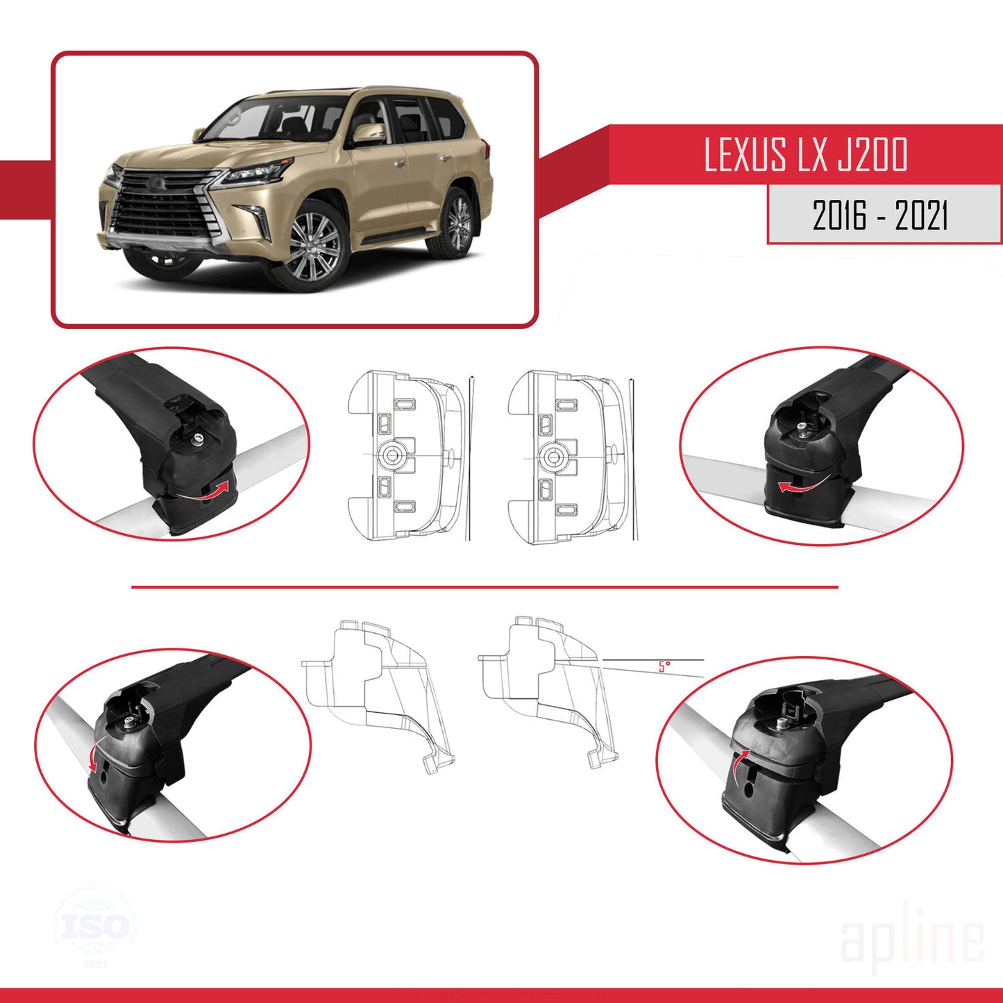 Compatible avec Lexus LX 3 (J200) 2016-2021 ACE-2 Barres de Toit Railing Porte-Bagages de Voiture Noir Aluminium 2 Barres