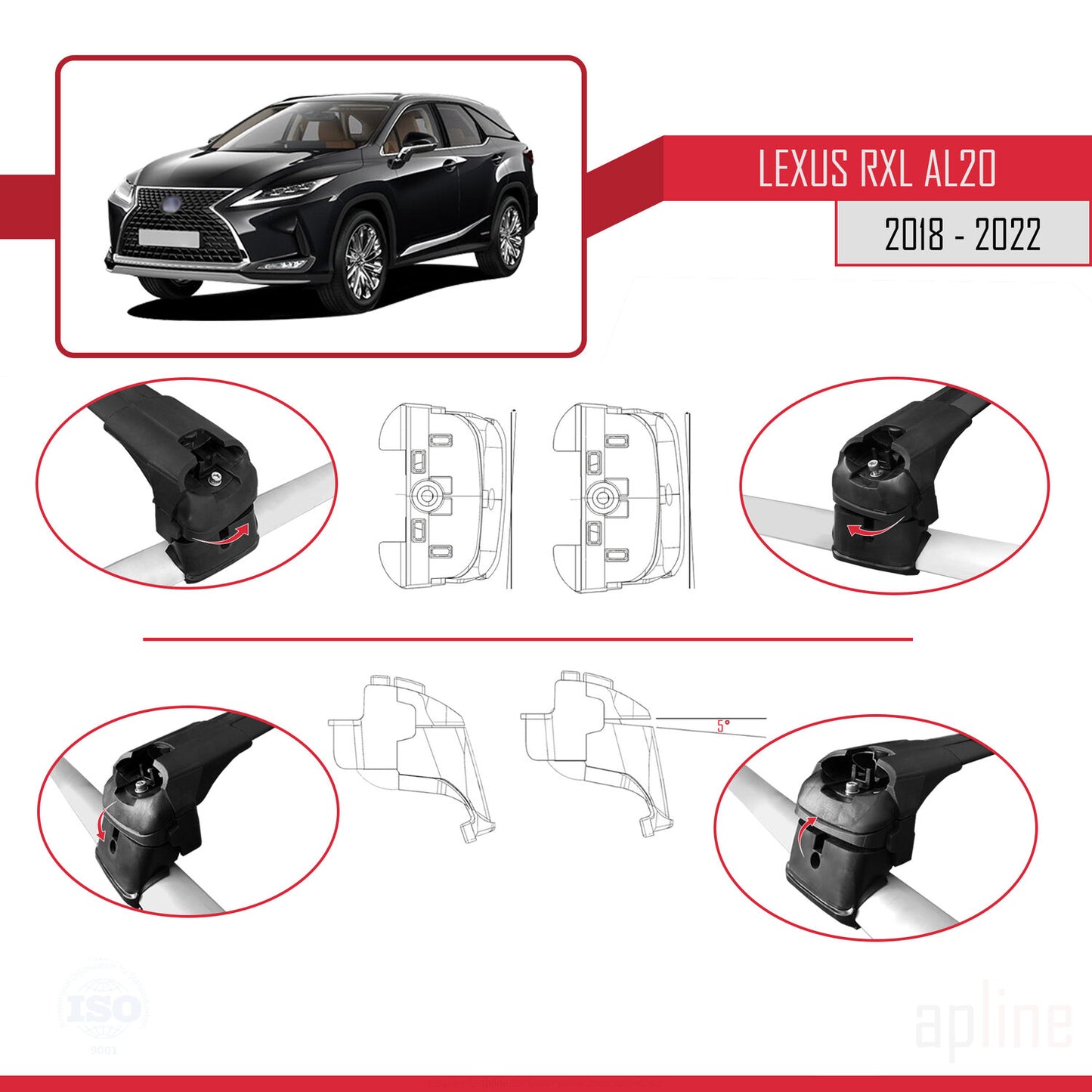 Compatible avec Lexus RX 4 L (AL20) 2018-2022 ACE-2 Barres de Toit Railing Porte-Bagages de Voiture Noir Aluminium 2 Barres