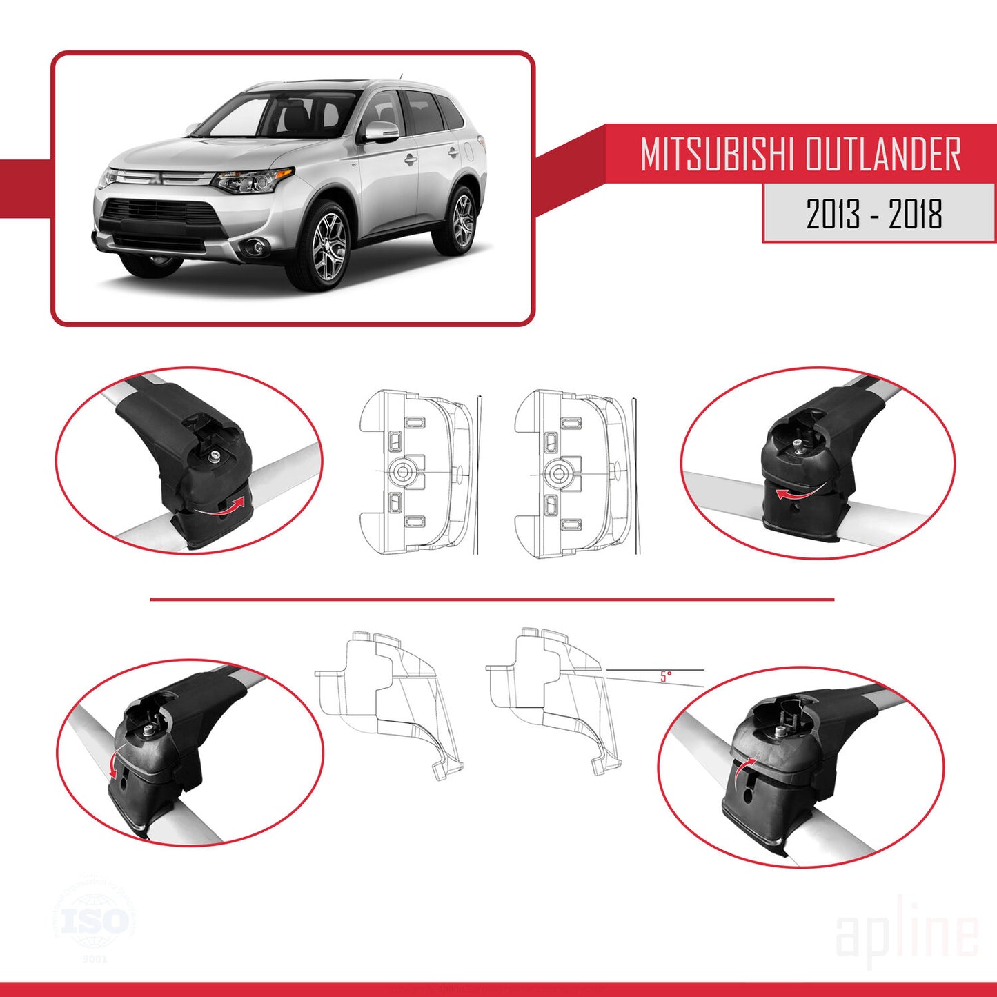 Compatible avec Mitsubishi Outlander 3 2013-2018 ACE-2 Barres de Toit Railing Porte-Bagages de Voiture Gris Aluminium 2 Barres