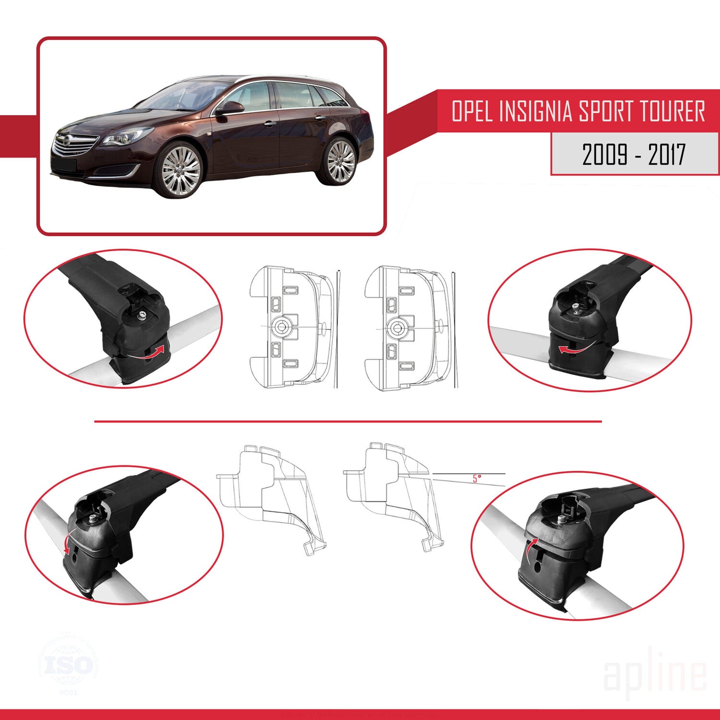 Compatible avec Opel Insignia (G09) ST 2009-2017 ACE-2 Barres de Toit Railing Porte-Bagages de Voiture Noir Aluminium 2 Barres