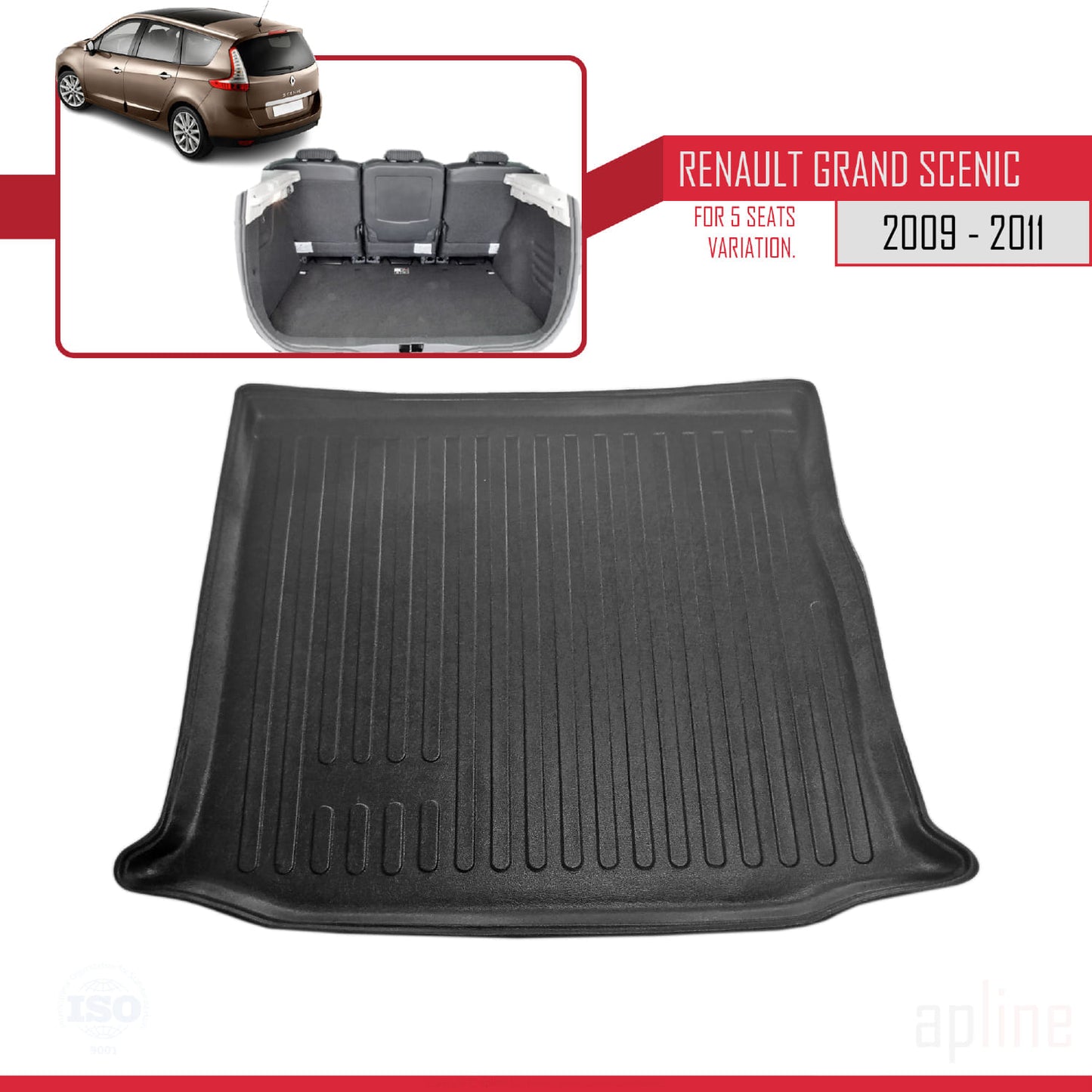 Compatible avec Renault Scenic 3 Pre-Facelift 2009-2011 Flexible Tapis de Coffre Plancher de Chargement Noir