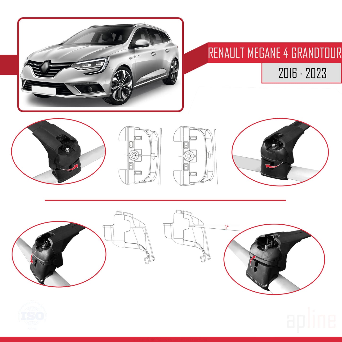 Compatible avec Renault Megane 4 (KFB) Grandtour 2016-2023 ACE-2 Barres de Toit Railing Porte-Bagages de Voiture Noir Aluminium 2 Barres