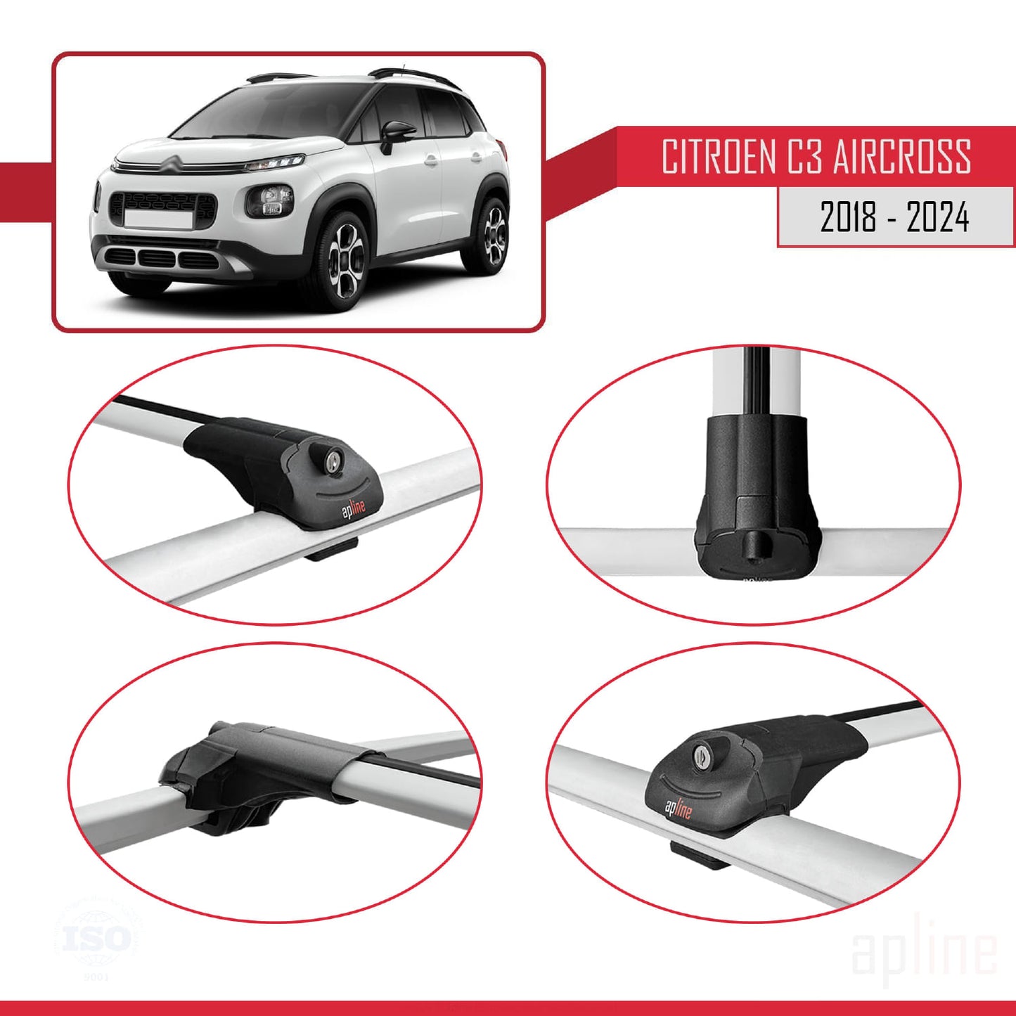 Compatible avec Citroen C3 Aircross (A88) 2018-2024 ACE-1 Barres de Toit Railing Porte-Bagages de Voiture Gris Aluminium 2 Barres