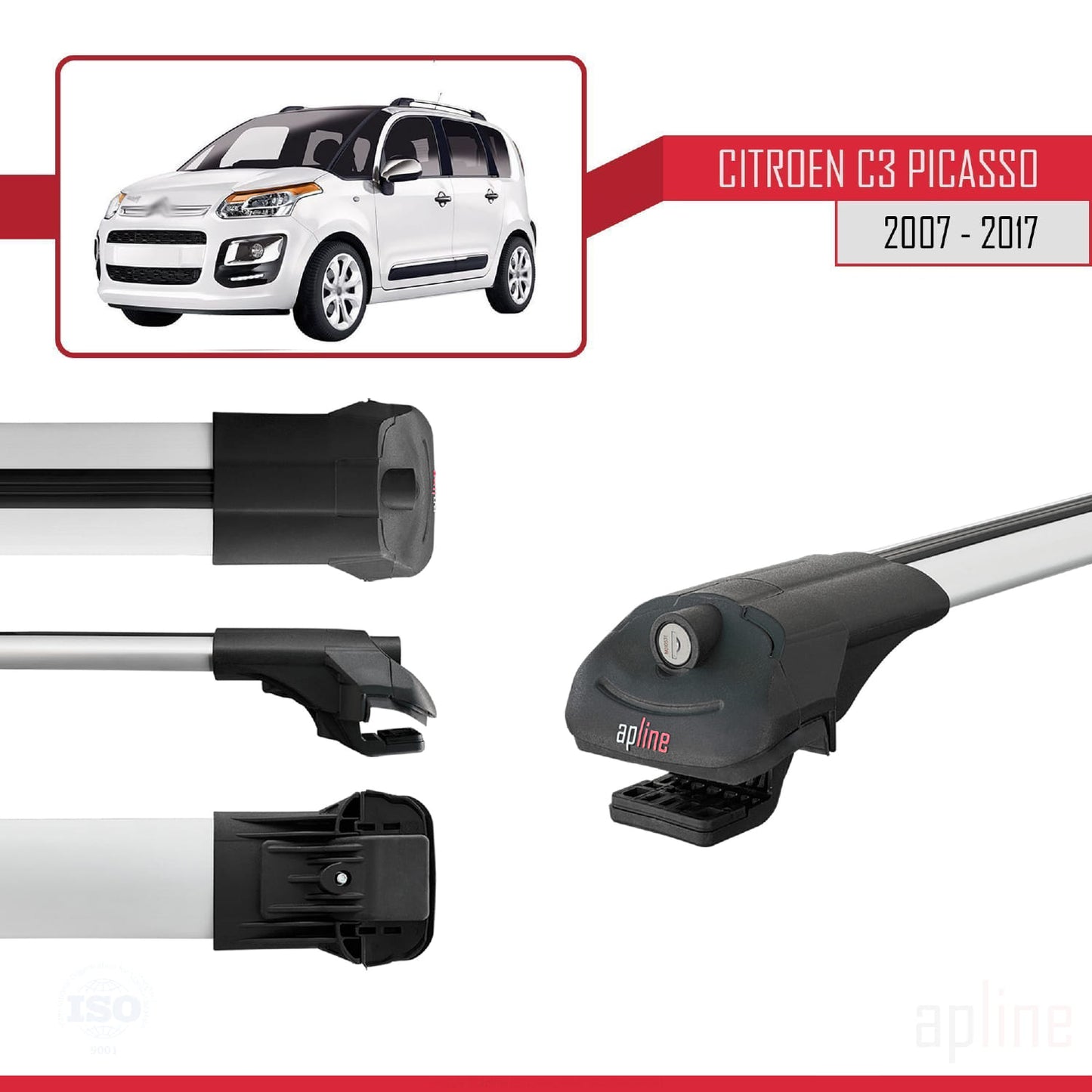 Compatible with Citroen C3 Picasso 2009-2017 ACE-1 Car Roof Rack Cross Bar Grey Aluminium 2 Bars