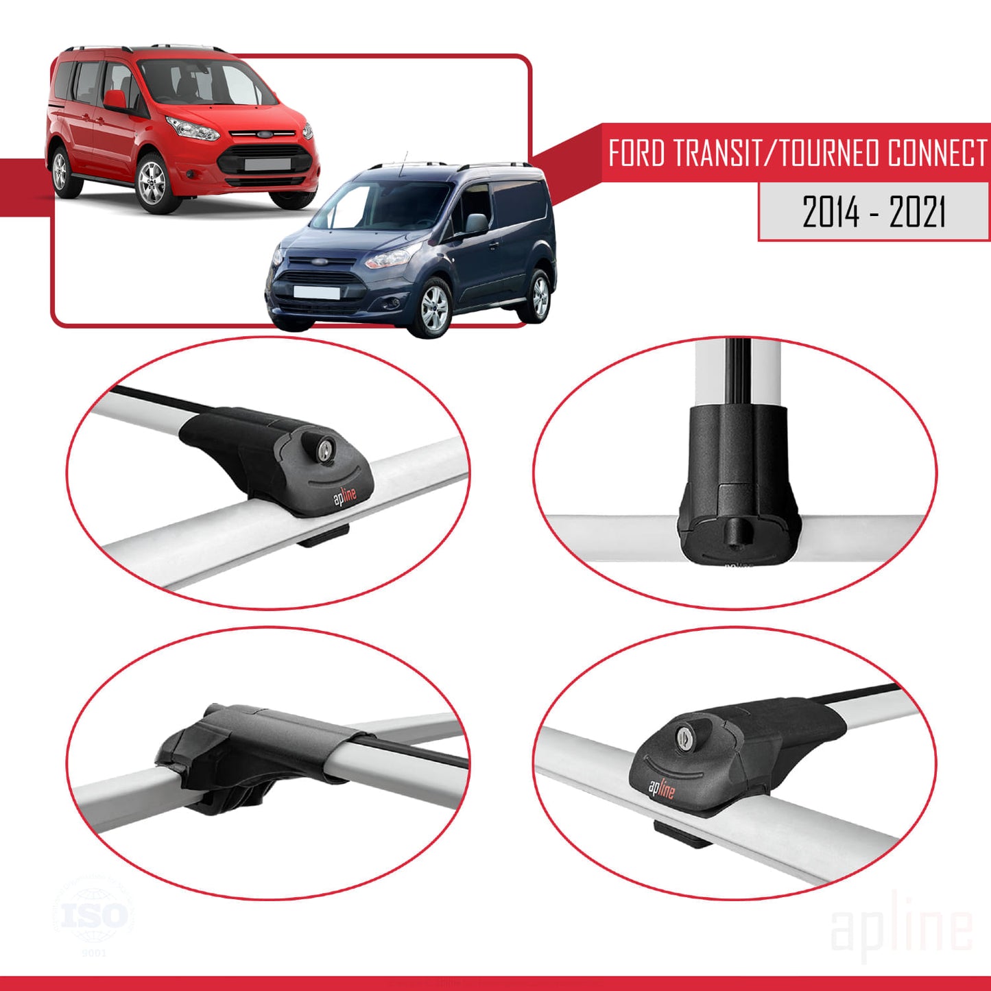 Compatible avec Ford Transit/Tourneo Connect 2 2014-2021 ACE-1 Barres de Toit Railing Porte-Bagages de Voiture Gris Aluminium 4 Barres