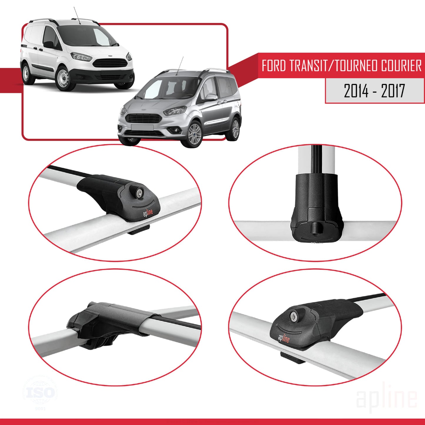 Compatible avec Ford Transit/Tourneo Courier Pre-Facelift 2014-2017 ACE-1 Barres de Toit Railing Porte-Bagages de Voiture Gris Aluminium 4 Barres