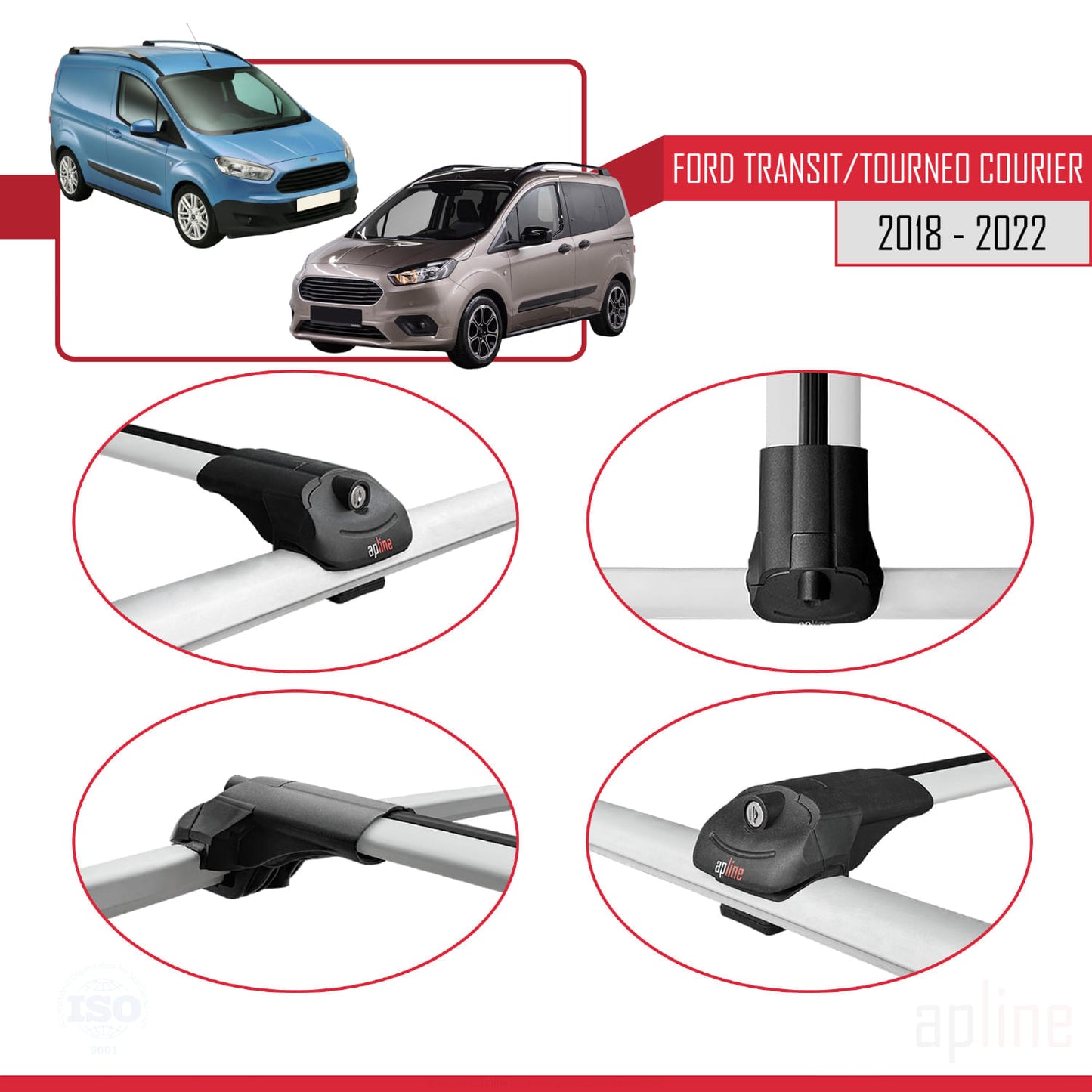 Compatible avec Ford Transit/Tourneo Courier Post-Facelift 2018-2022 ACE-1 Barres de Toit Railing Porte-Bagages de Voiture Gris Aluminium 3 Barres