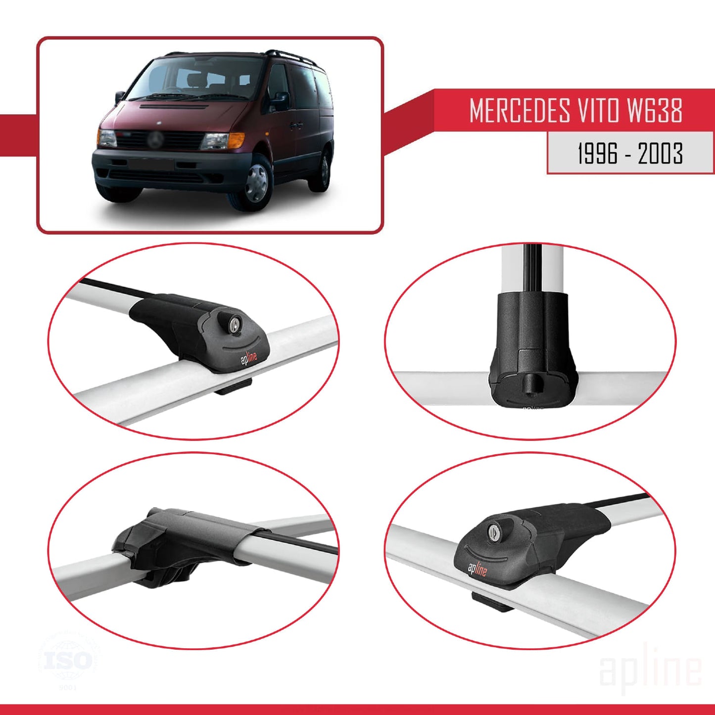 Compatible with Mercedes Vito (W638) 1996-2003 ACE-1 Car Roof Rack Cross Bar Grey Aluminium 3 Bars