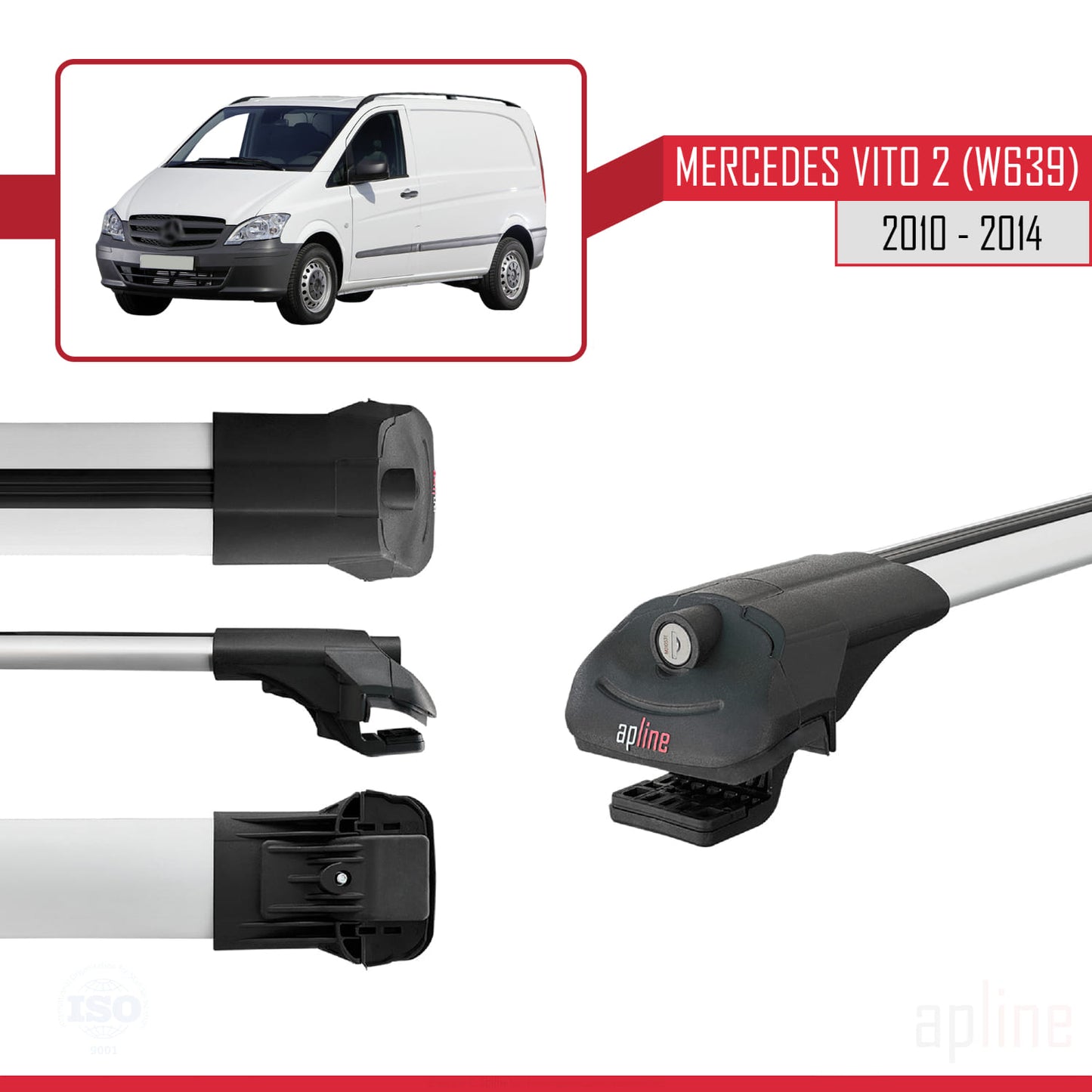 Compatible with Mercedes Vito 2 (W639) Post-Facelift 2010-2014 ACE-1 Car Roof Rack Cross Bar Grey Aluminium 2 Bars