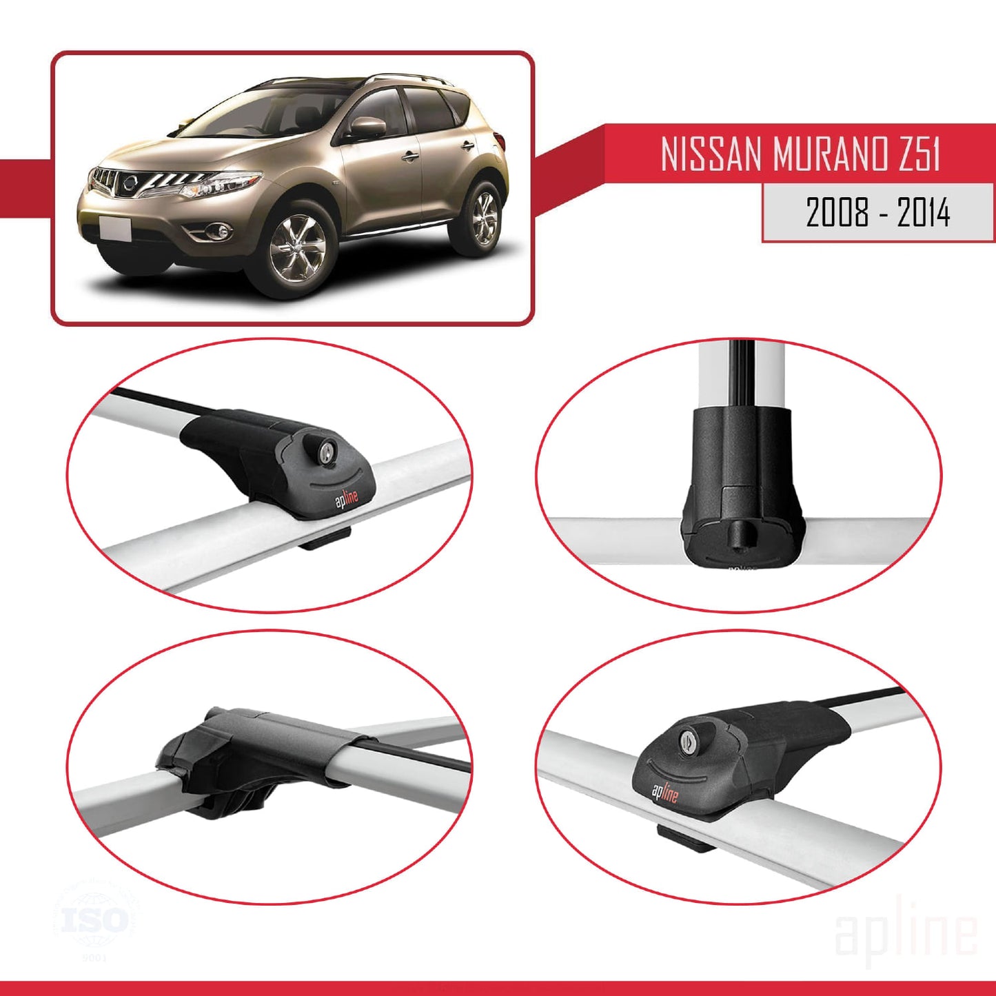 Compatible avec Nissan Murano 2 (Z51) 2008-2014 ACE-1 Barres de Toit Railing Porte-Bagages de Voiture Gris Aluminium 2 Barres