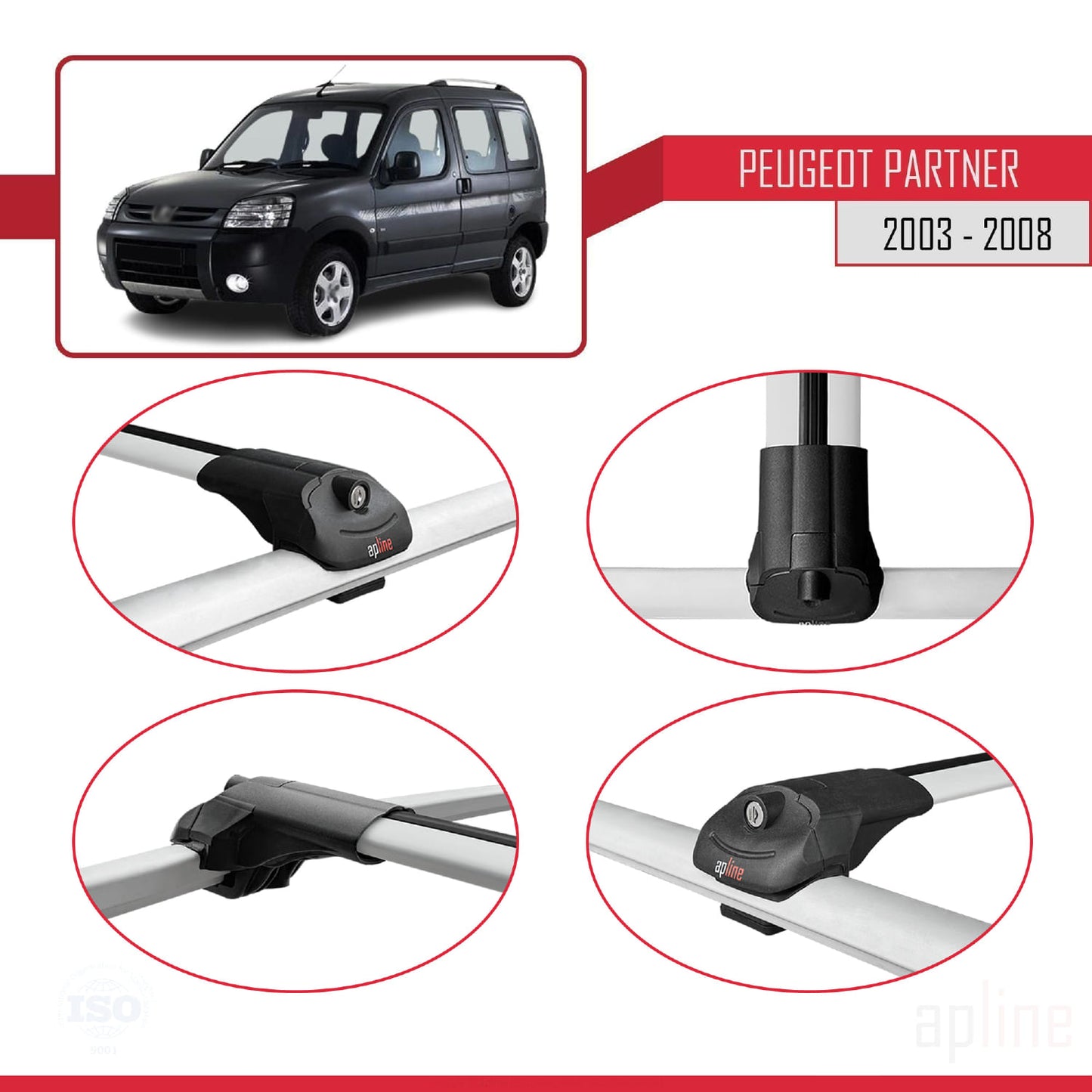 Compatible with Peugeot Partner Post-Facelift 2003-2008 ACE-1 Car Roof Rack Cross Bar Grey Aluminium 4 Bars