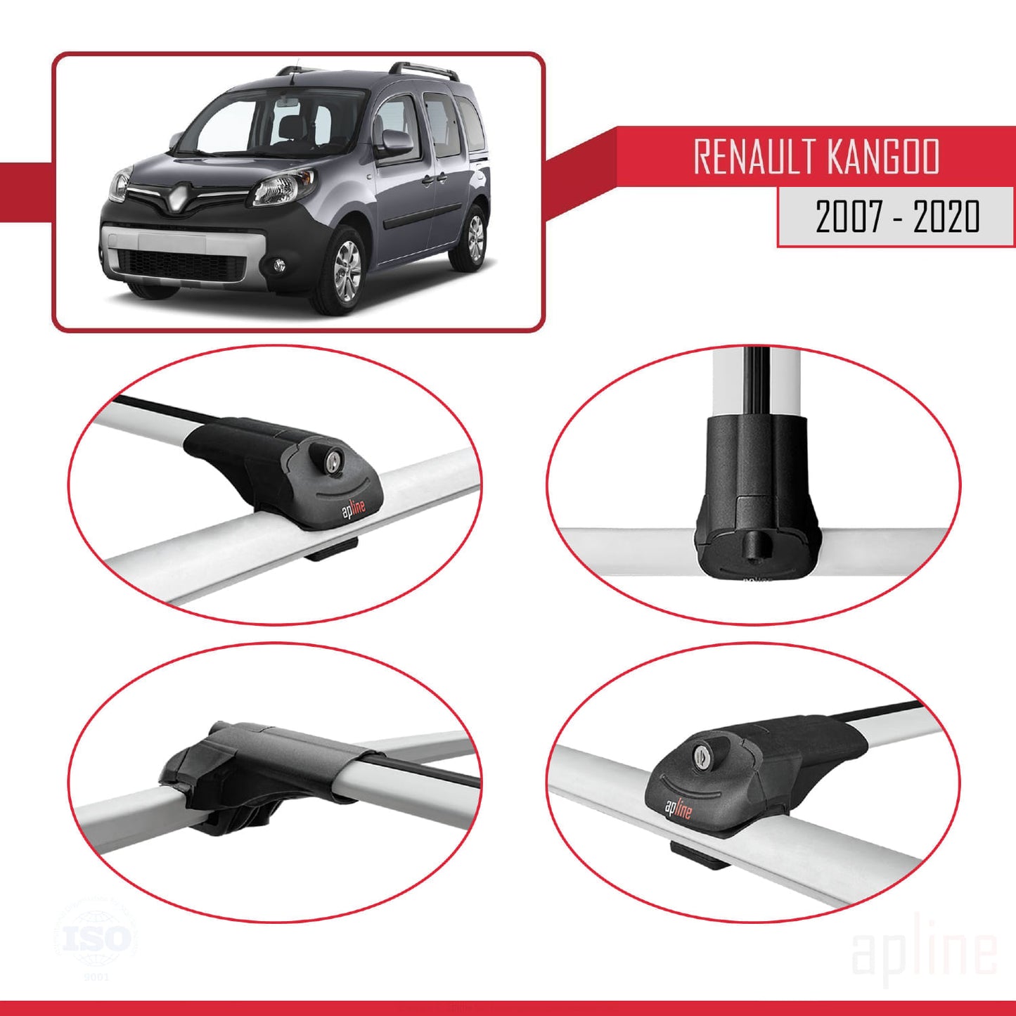 Compatible with Renault Kangoo 2 (X61) 2007-2020 ACE-1 Car Roof Rack Cross Bar Grey Aluminium 3 Bars