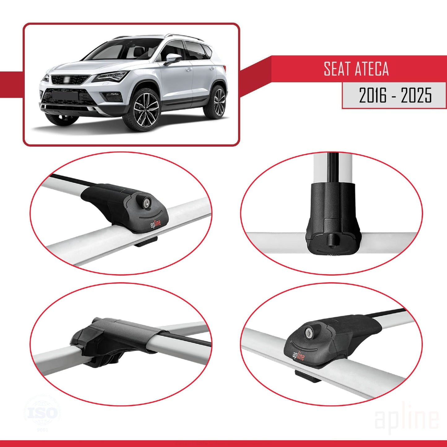 Compatible with Seat Ateca (KH7) 2016-2025 ACE-1 Car Roof Rack Cross Bar Grey Aluminium 2 Bars
