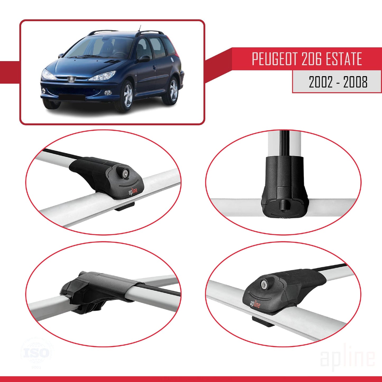 Compatible avec Peugeot 206 Break 2002-2008 ACE-1 Barres de Toit Railing Porte-Bagages de Voiture Gris Aluminium 2 Barres