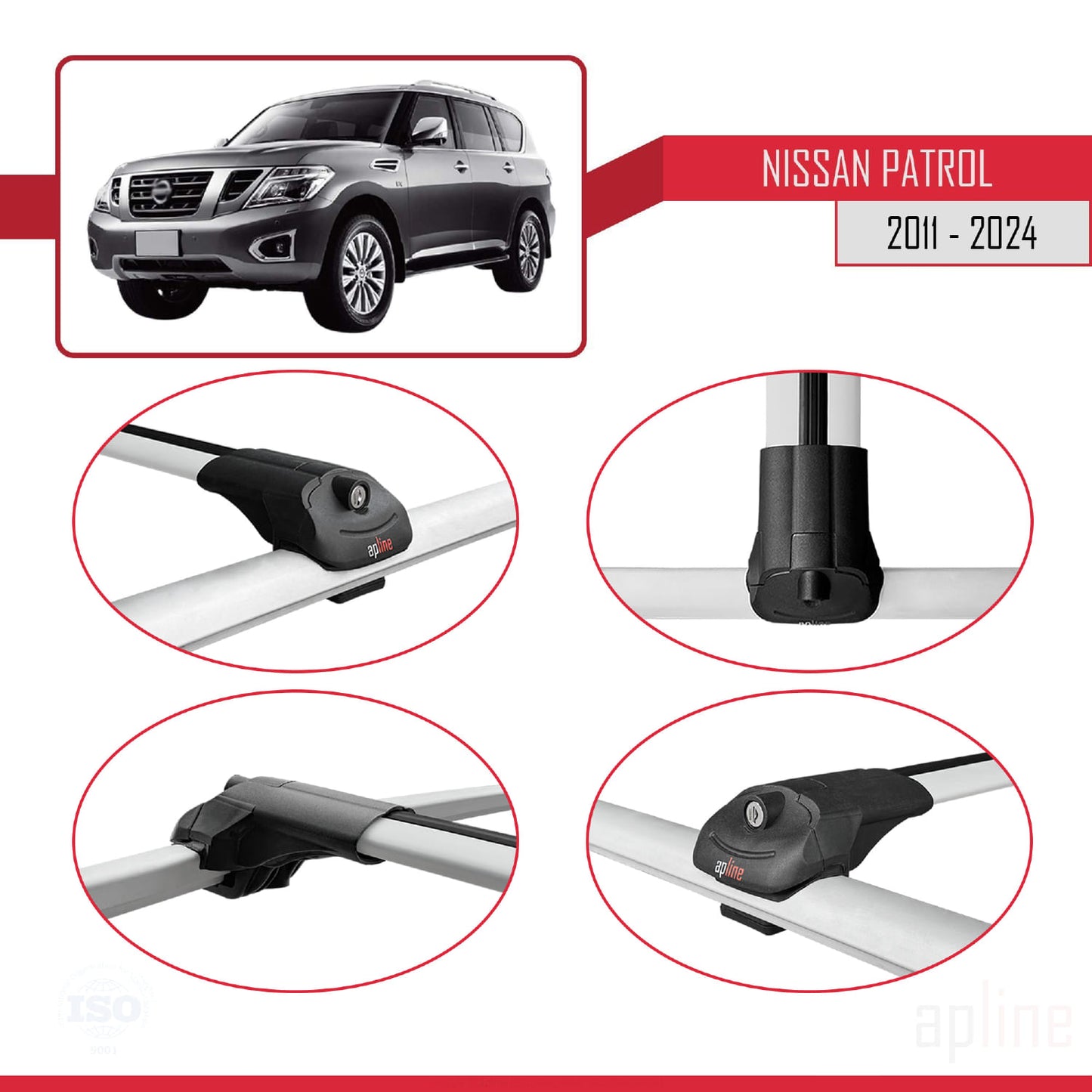 Compatible with Nissan Patrol 6 (Y62) 2011-2024 ACE-1 Car Roof Rack Cross Bar Grey Aluminium 3 Bars