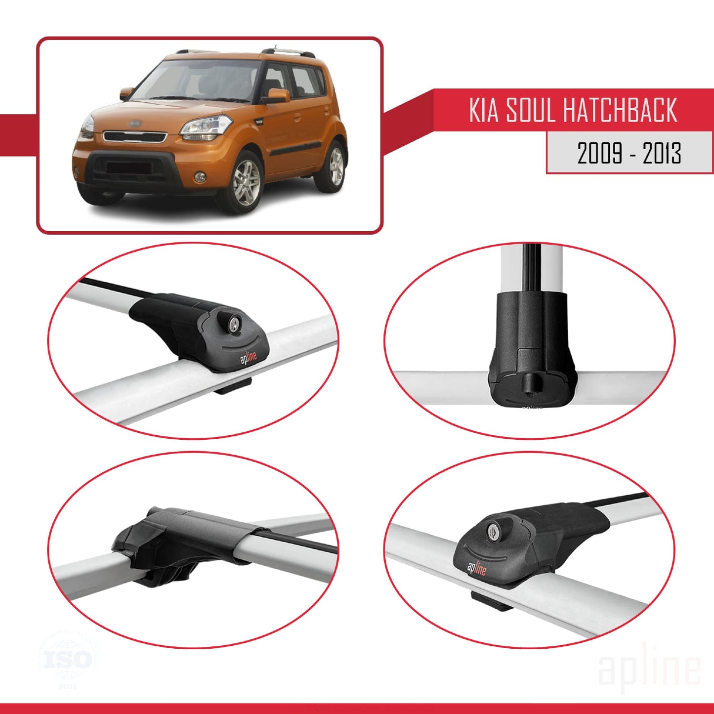 Compatible avec Kia Soul (AM) HB 2009-2013 ACE-1 Barres de Toit Railing Porte-Bagages de Voiture Gris Aluminium 3 Barres