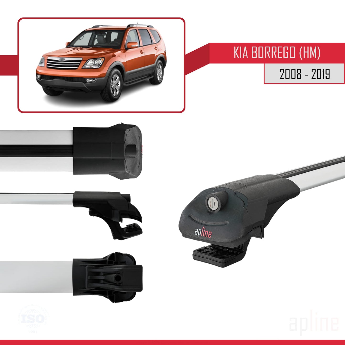 Compatible with Kia Borrego (HM) 2008-2019 ACE-1 Car Roof Rack Cross Bar Grey Aluminium 2 Bars