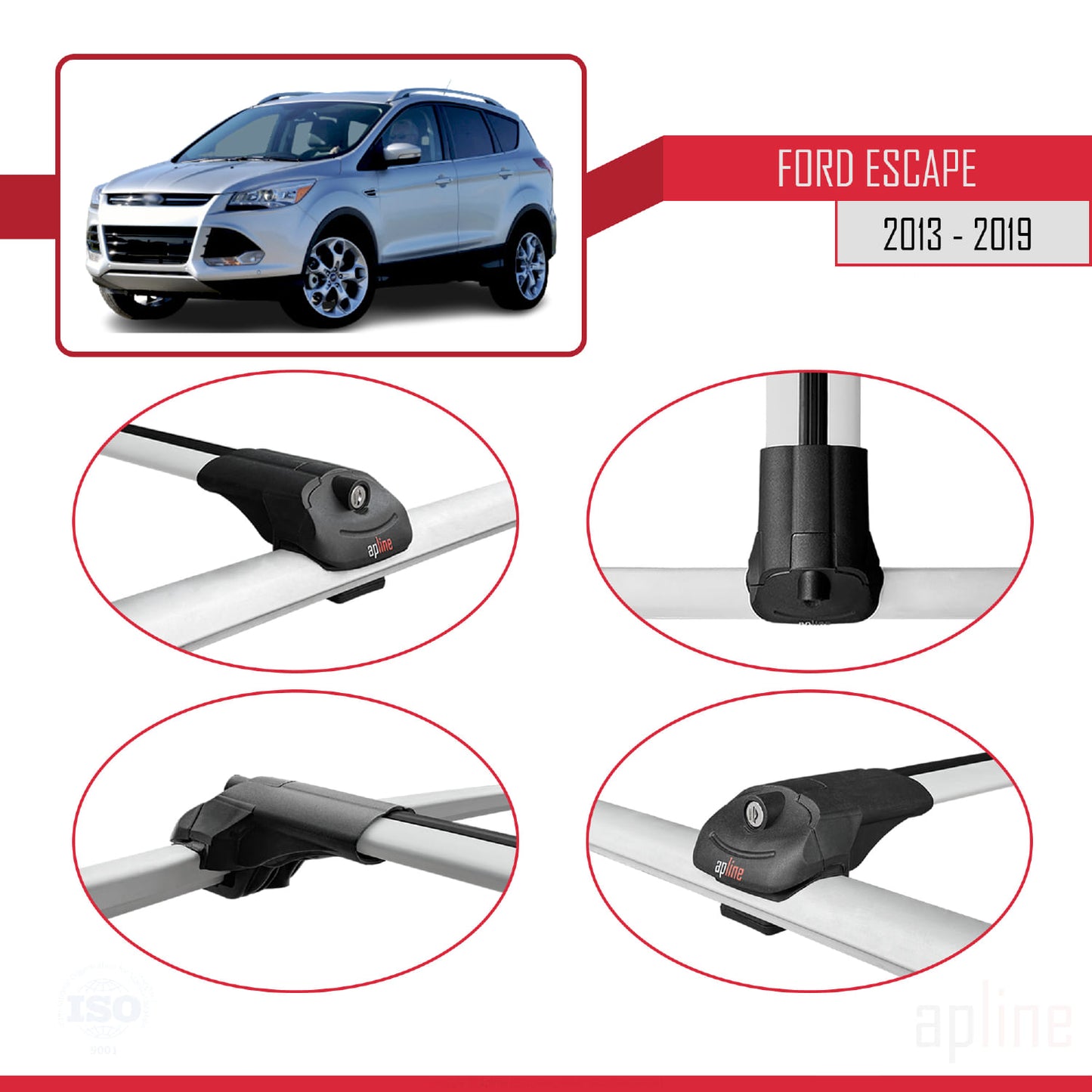 Compatible with Ford Escape 3 2013-2019 ACE-1 Car Roof Rack Cross Bar Grey Aluminium 3 Bars