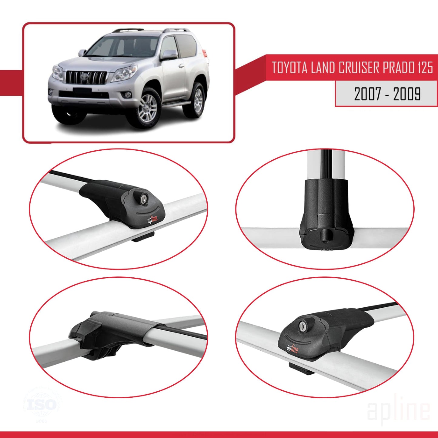 Compatible avec Toyota Land Cruiser Prado (J125) 2007-2009 ACE-1 Barres de Toit Railing Porte-Bagages de Voiture Gris Aluminium 2 Barres