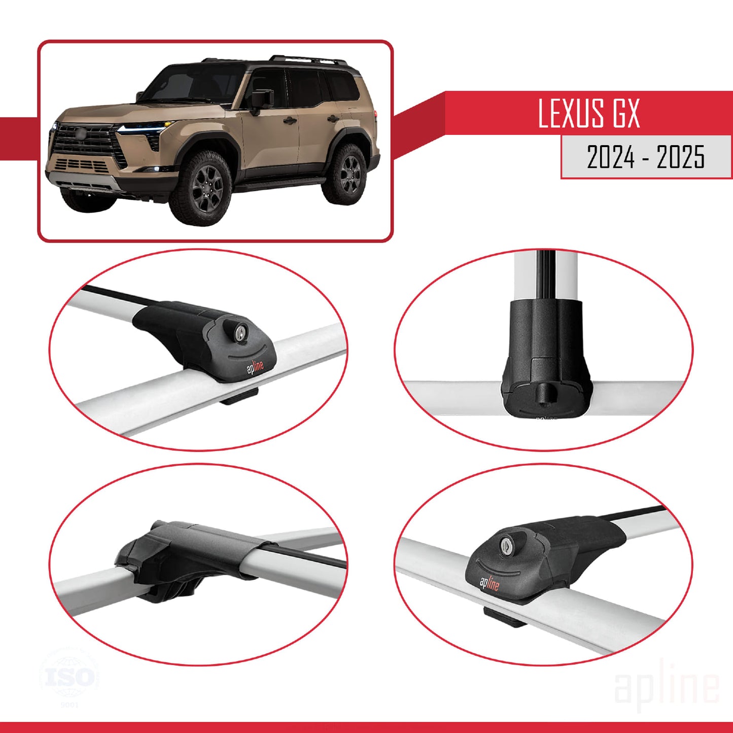 Compatible avec Lexus GX (Overtrail) 2024-2025 ACE-1 Barres de Toit Railing Porte-Bagages de Voiture Gris Aluminium 2 Barres