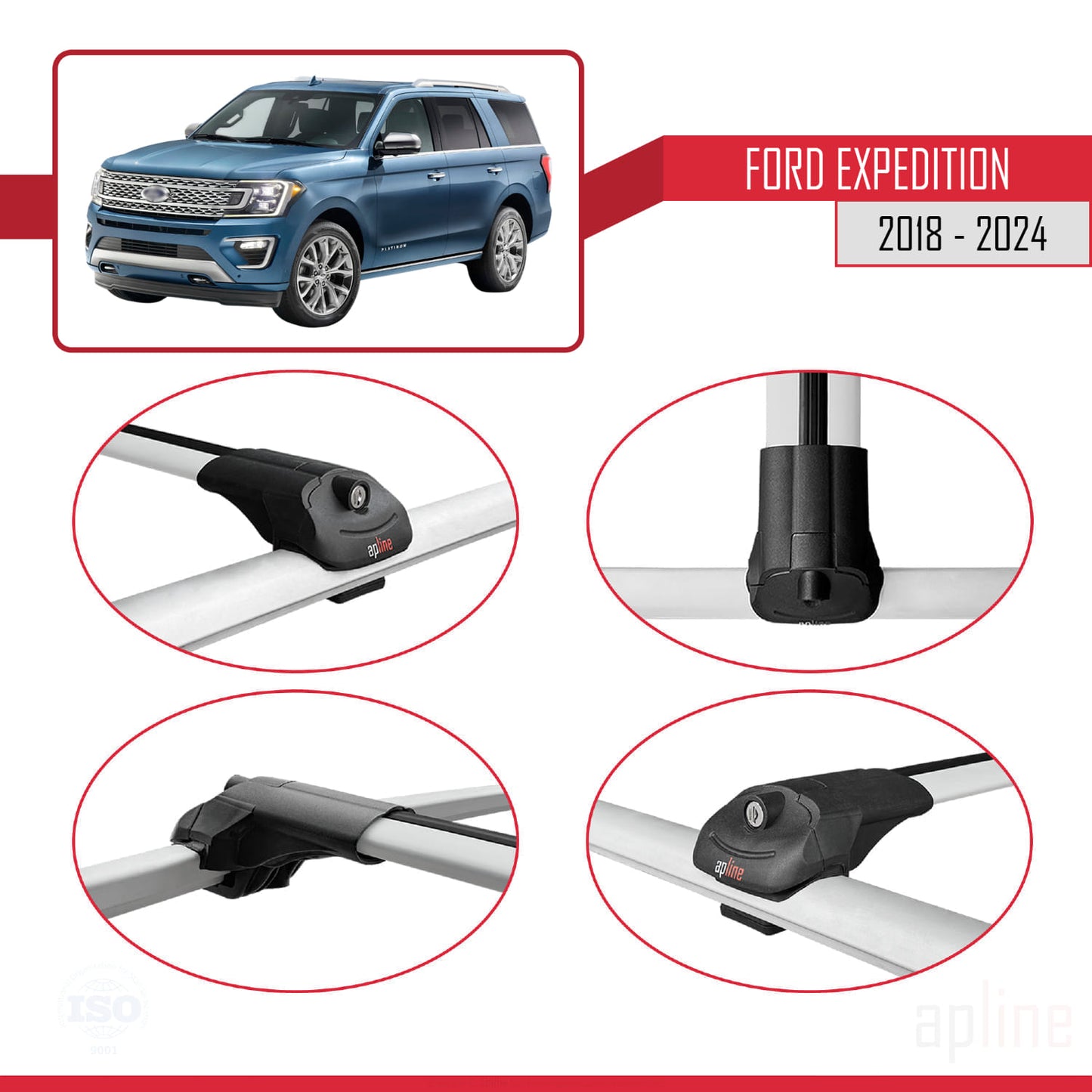 Compatible avec Ford Expedition 2018-2024 ACE-1 Barres de Toit Railing Porte-Bagages de Voiture Gris Aluminium 3 Barres