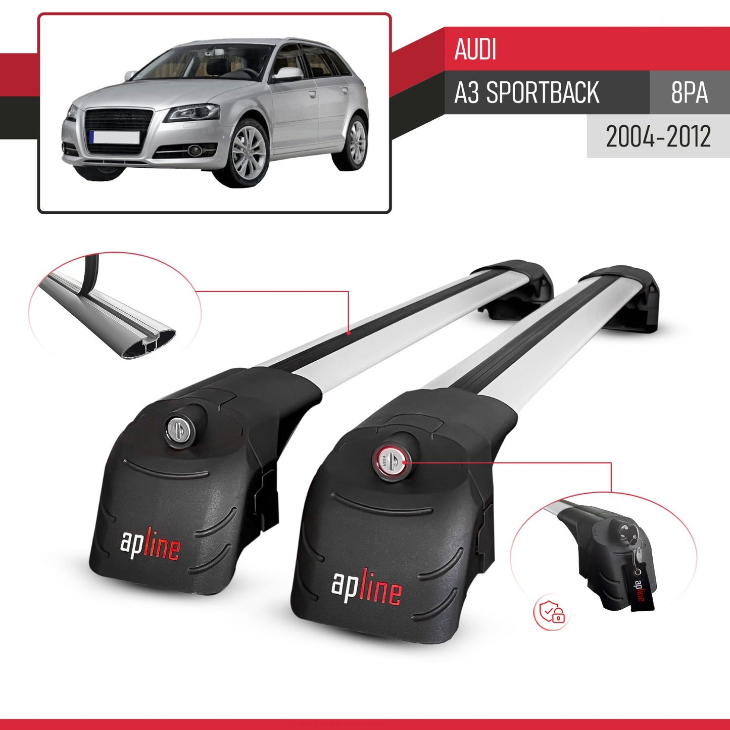 Compatible with A3 (8PA) Sportback 2004-2012 ACE-2 Car Roof Rack Cross Bar Grey Aluminium 2 Bars