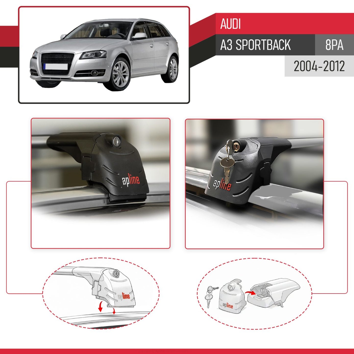 Compatible with A3 (8PA) Sportback 2004-2012 ACE-2 Car Roof Rack Cross Bar Grey Aluminium 2 Bars