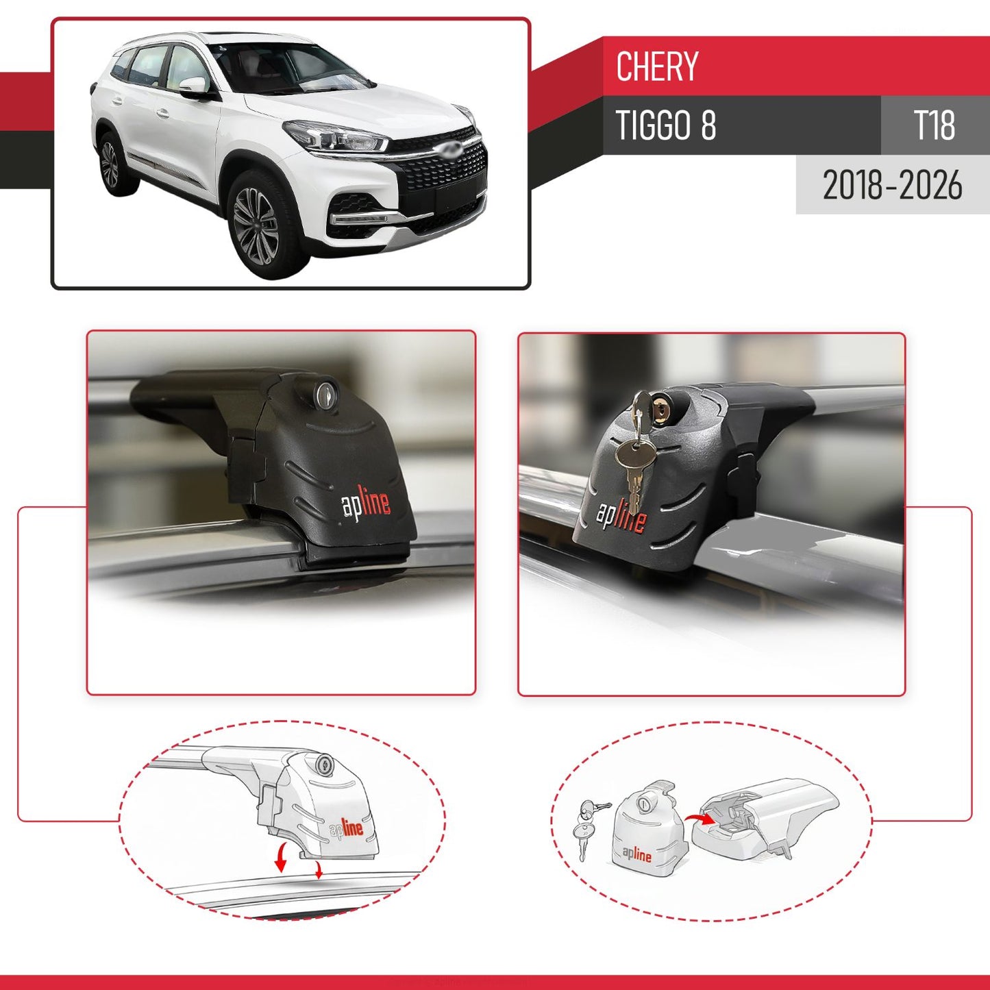 Compatible with Chery Tiggo 8 2018-2024 ACE-2 Car Roof Rack Cross Bar Grey Aluminium 2 Bars
