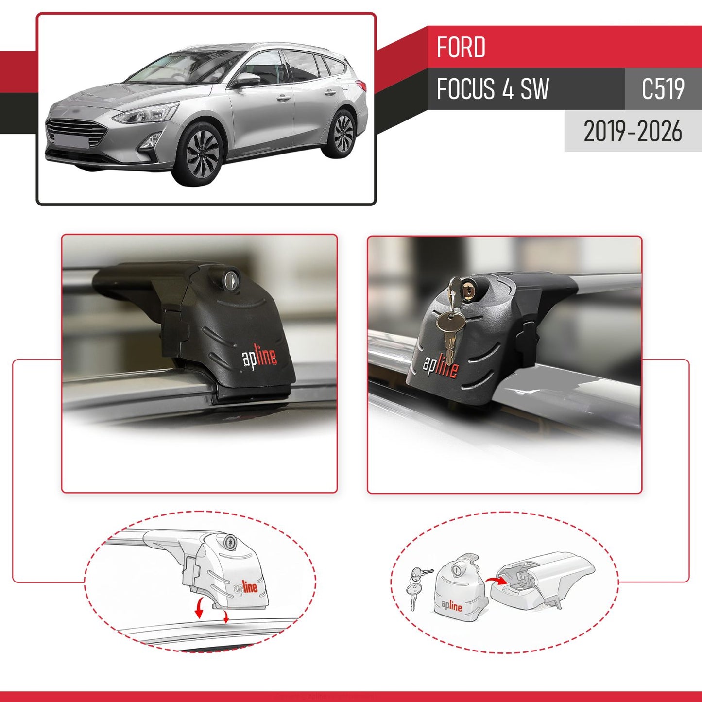 Compatible with Ford Focus 4 (C519) SW 2019-2025 ACE-2 Car Roof Rack Cross Bar Grey Aluminium 2 Bars