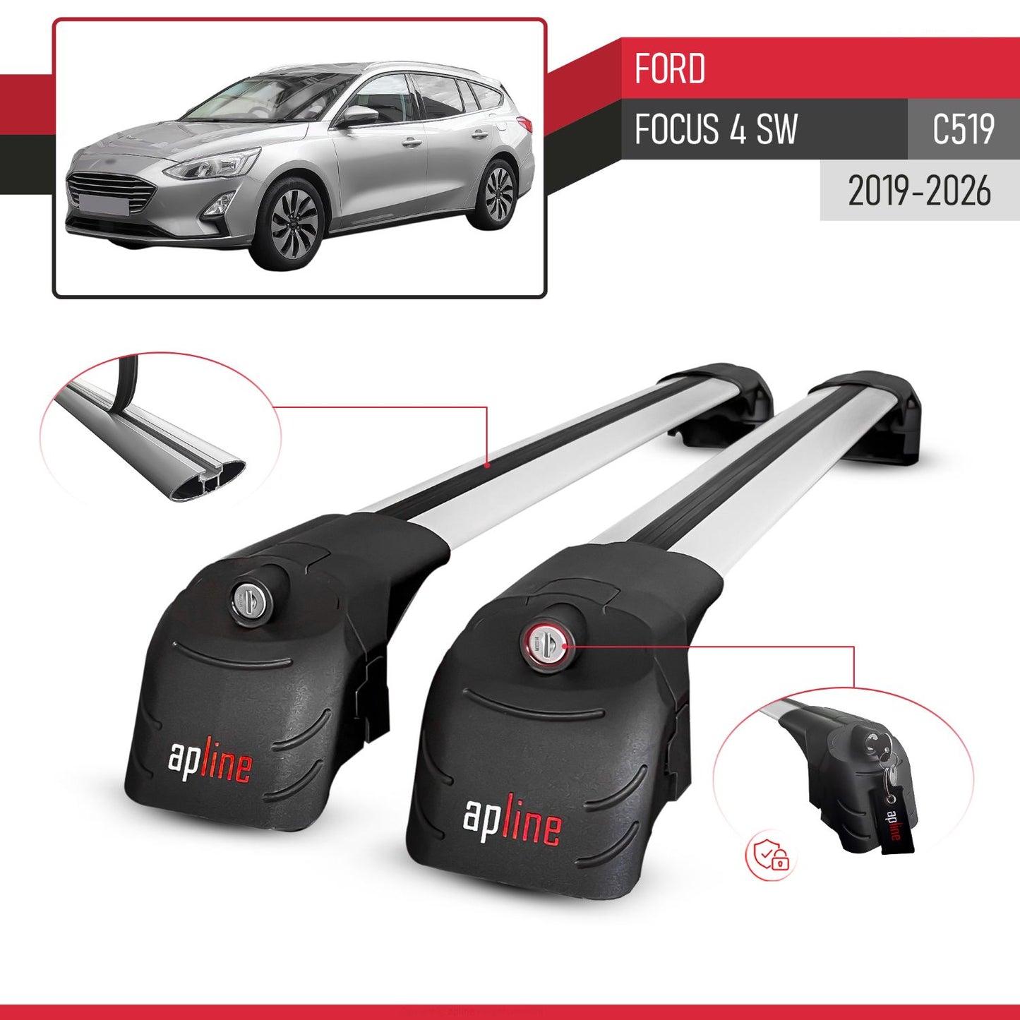 Compatible with Ford Focus 4 (C519) SW 2019-2025 ACE-2 Car Roof Rack Cross Bar Grey Aluminium 2 Bars
